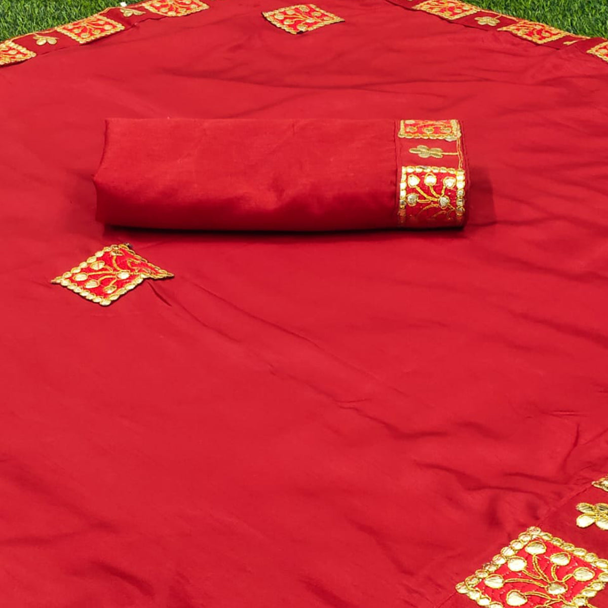 Red Floral Gota Patti Work Dola Silk Saree