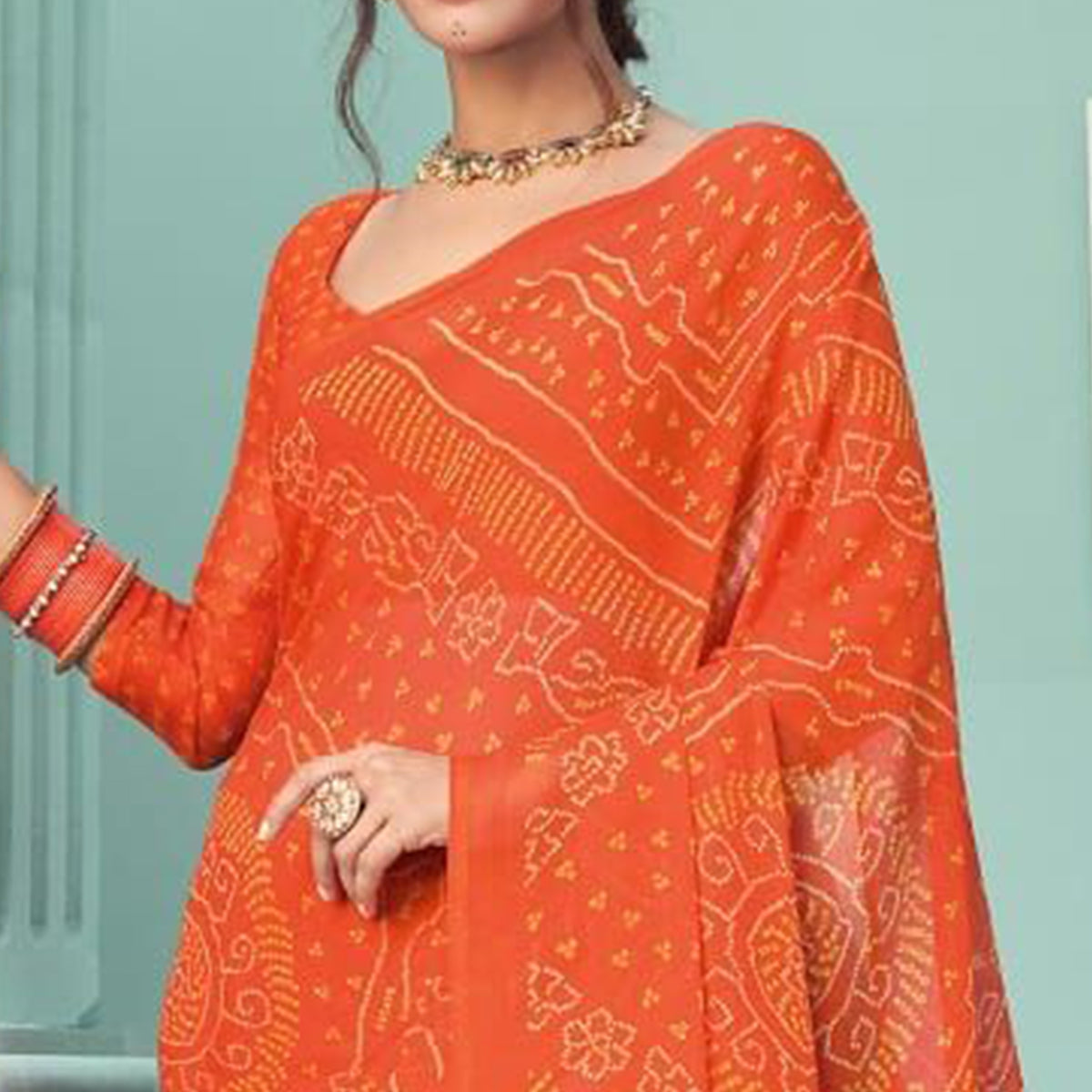 Orange Casual Wear Printed Chiffon Bandhani Saree
