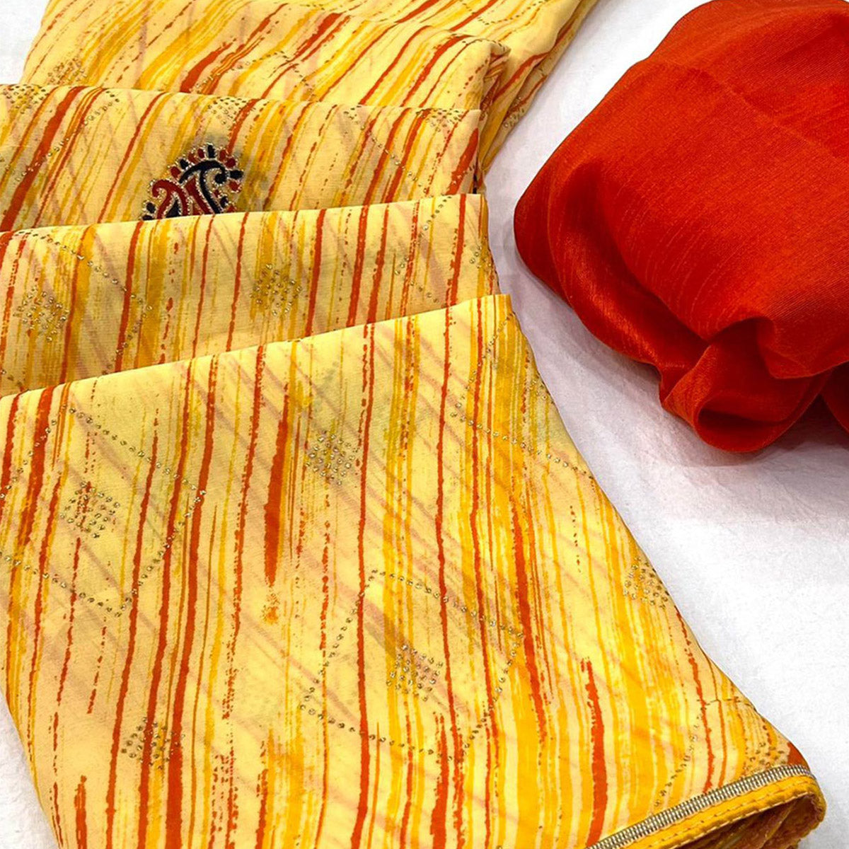 Yellow Printed Raw Silk Saree With Fancy Border