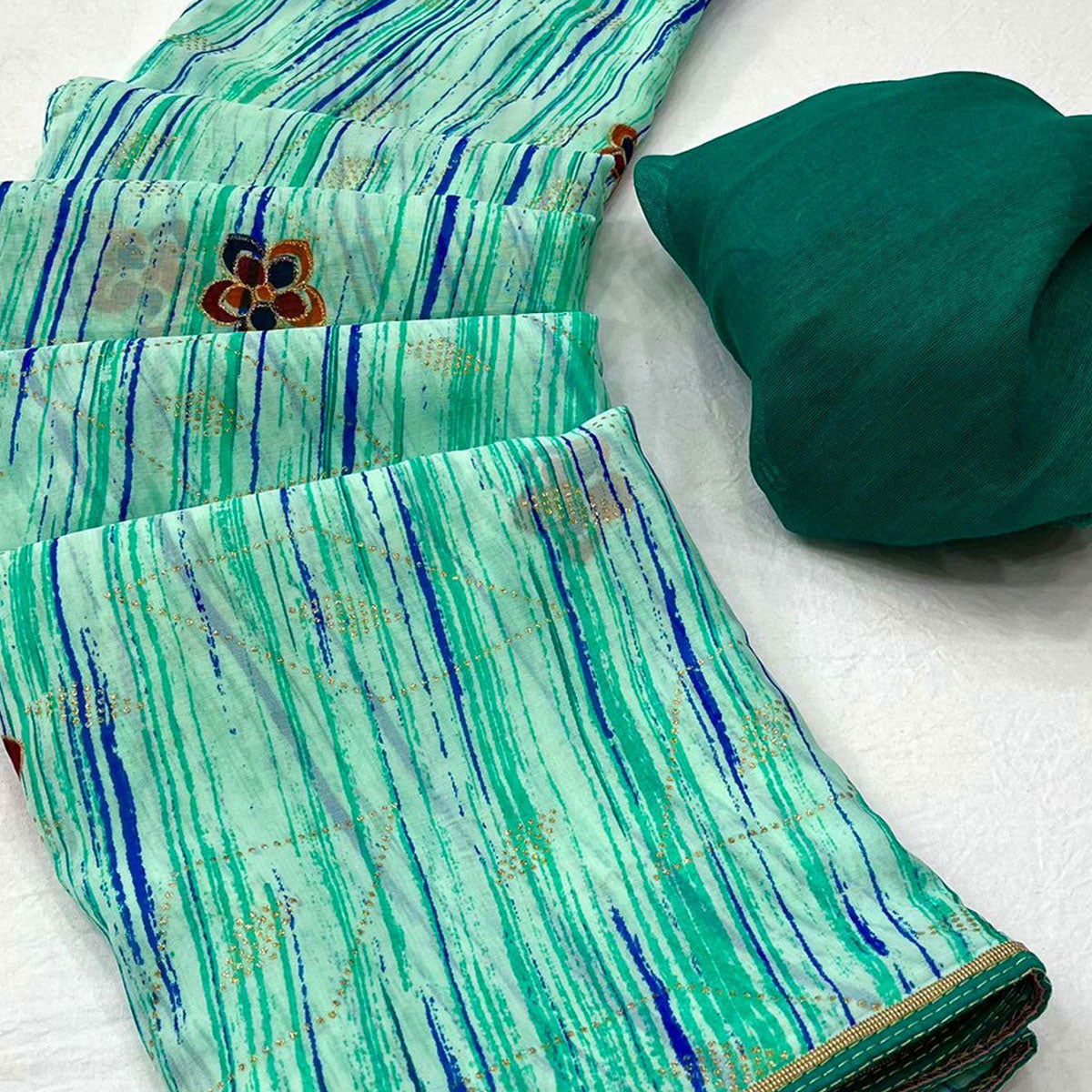 Green Printed Raw Silk Saree With Fancy Border