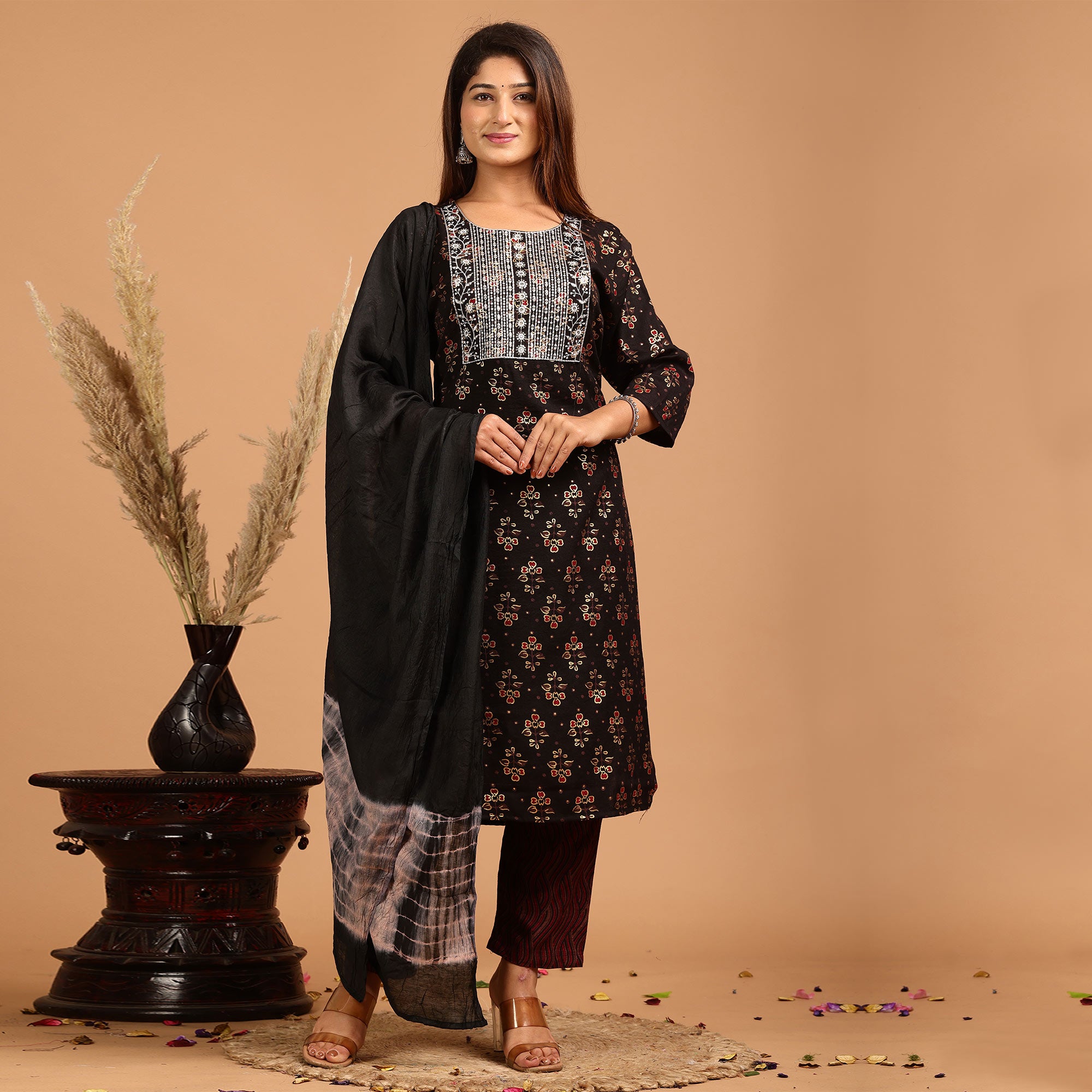 Black Printed With Embroidered Rayon Salwar Suit