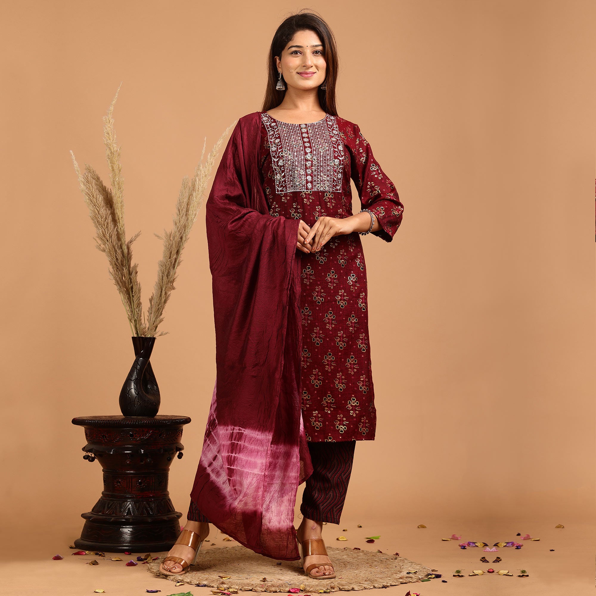 Maroon Printed With Embroidered Rayon Salwar Suit