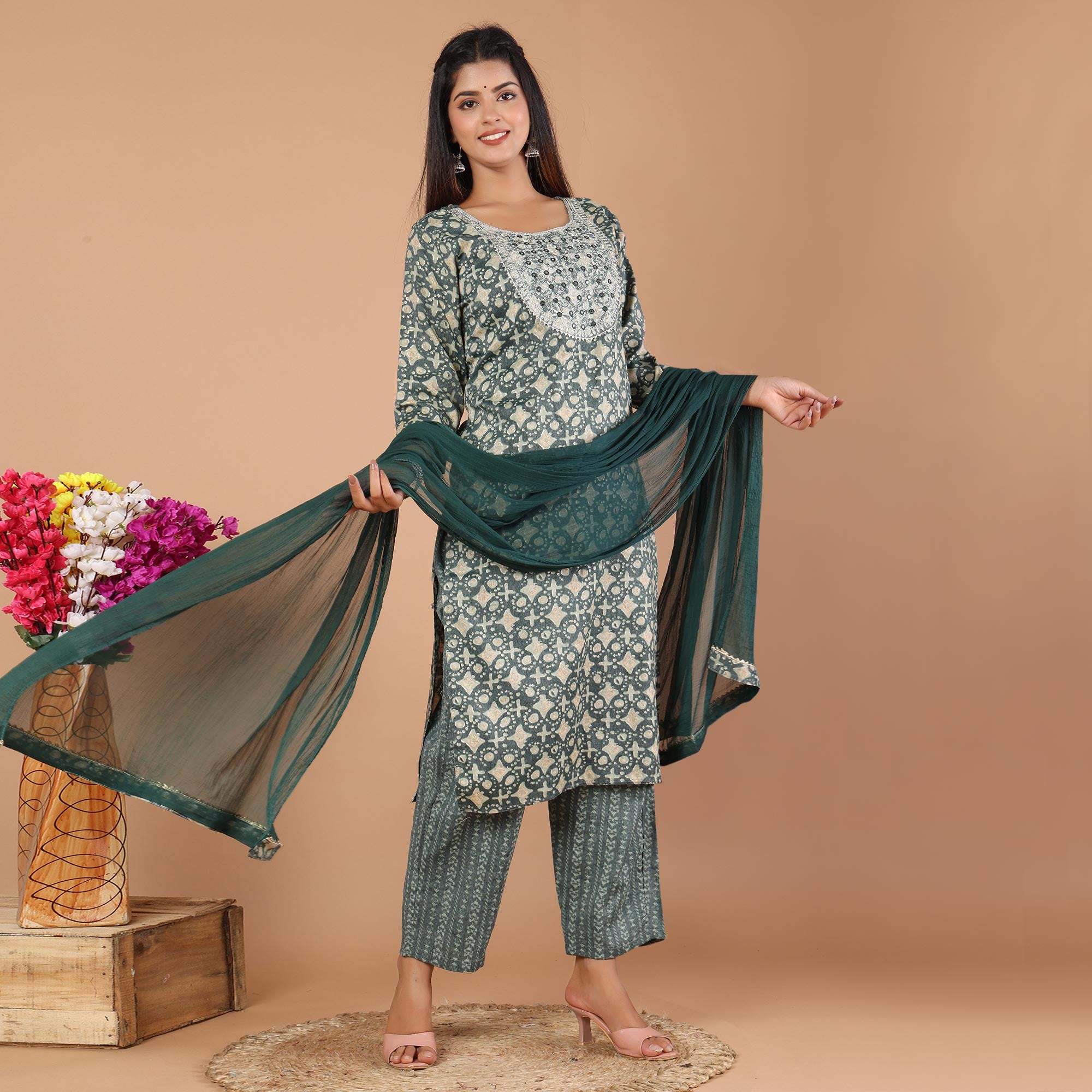 Green Printed With Embroidered Rayon Salwar Suit