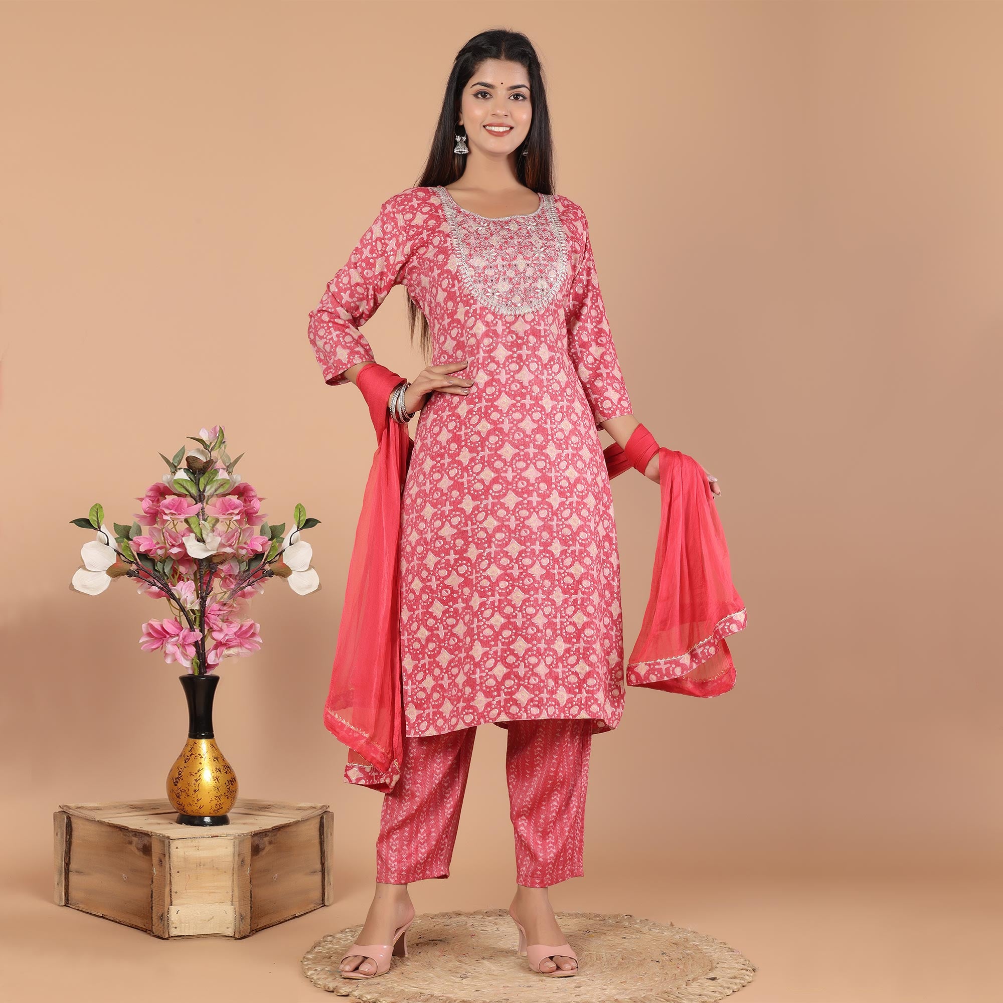 Pink Printed With Embroidered Rayon Salwar Suit