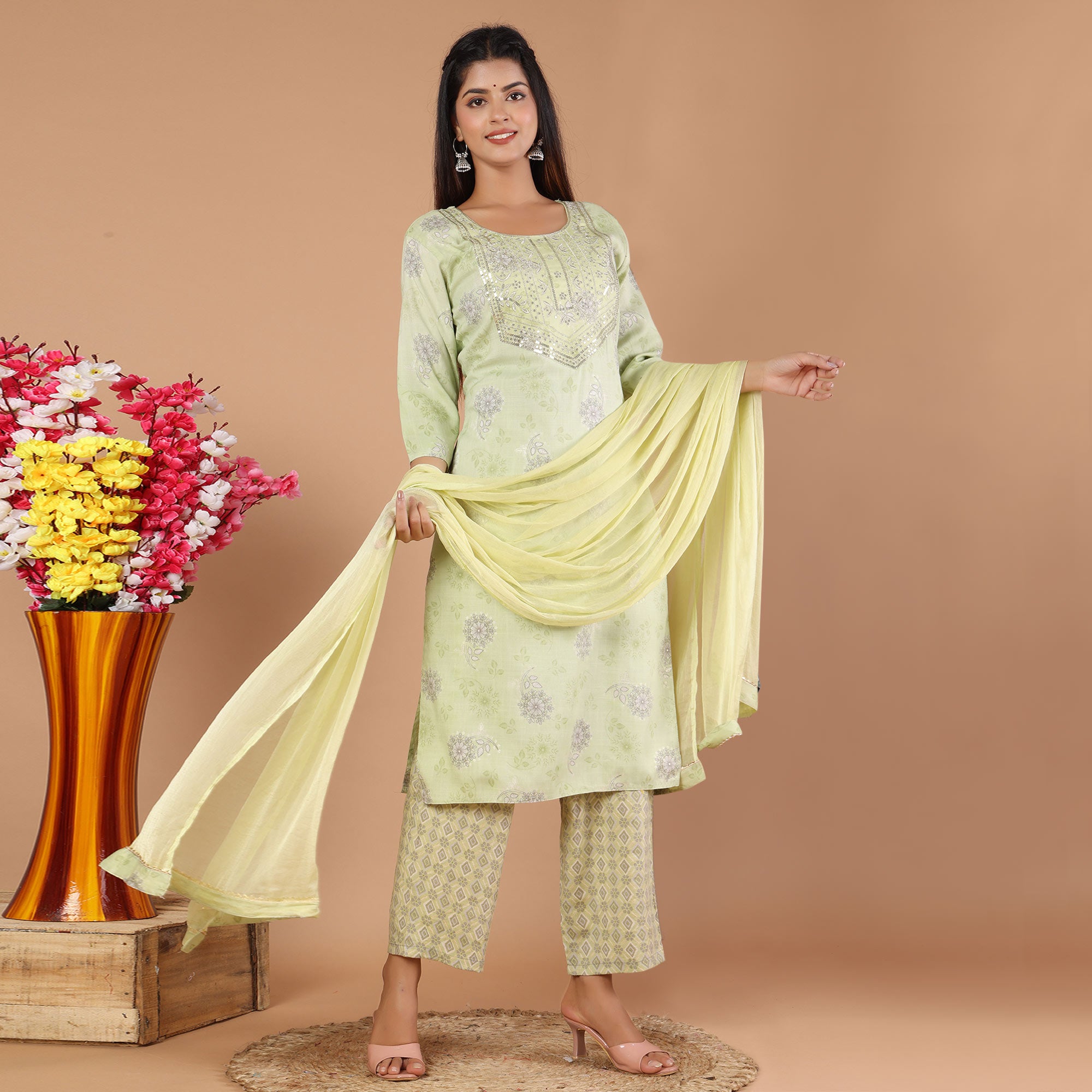 Green Printed With Embroidered Rayon Salwar Suit