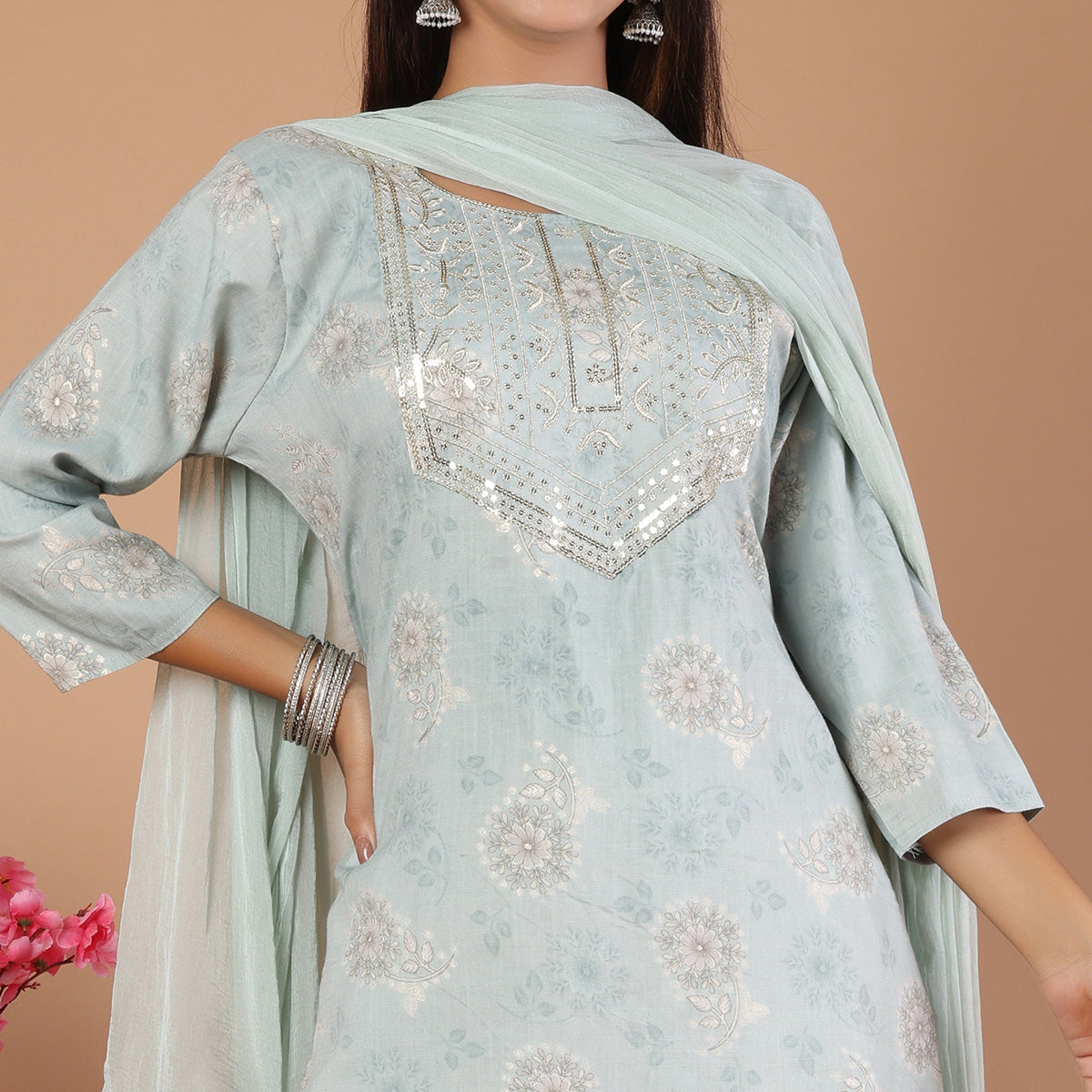 Grey Printed With Embroidered Rayon Salwar Suit