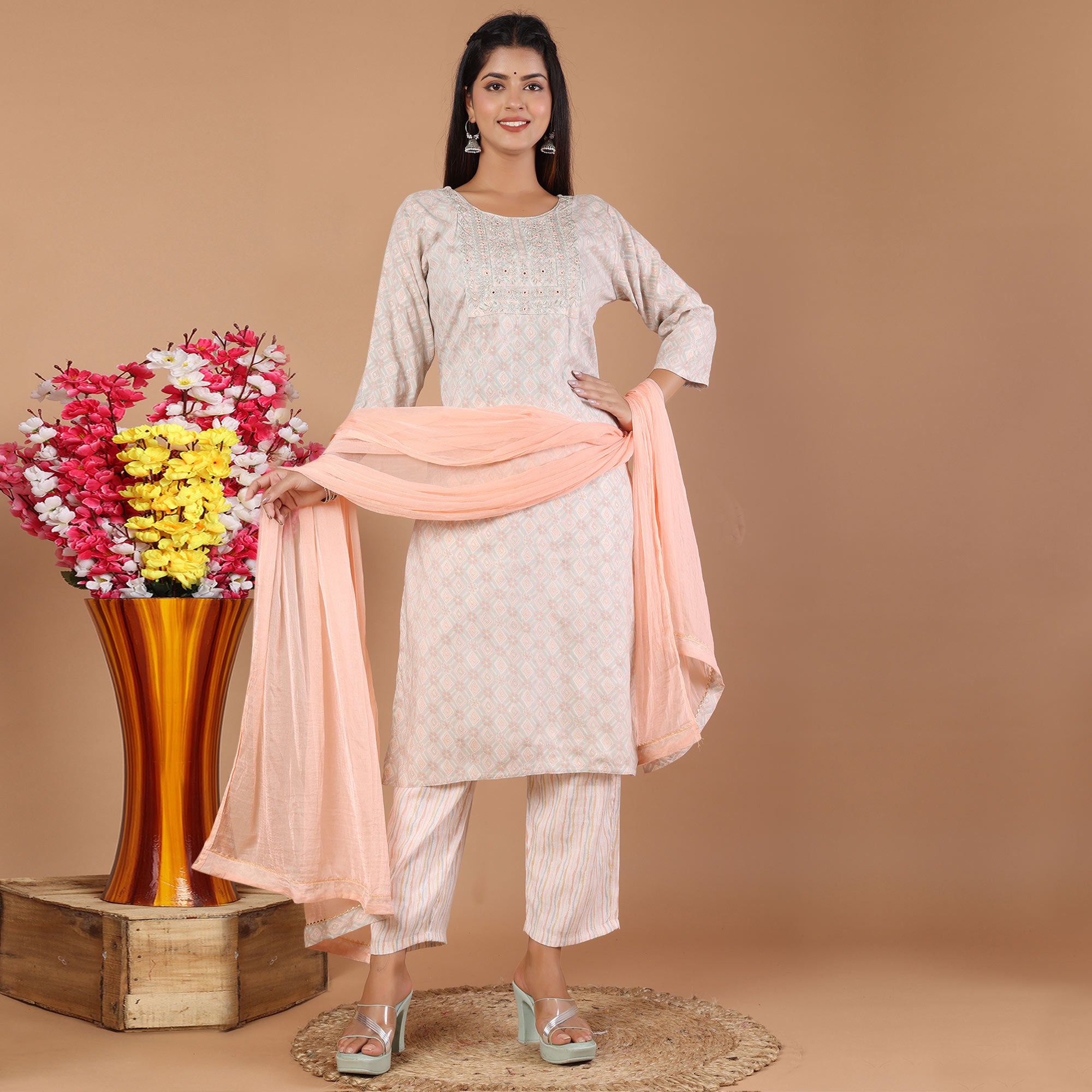 Peach Printed With Embroidered Rayon Salwar Suit