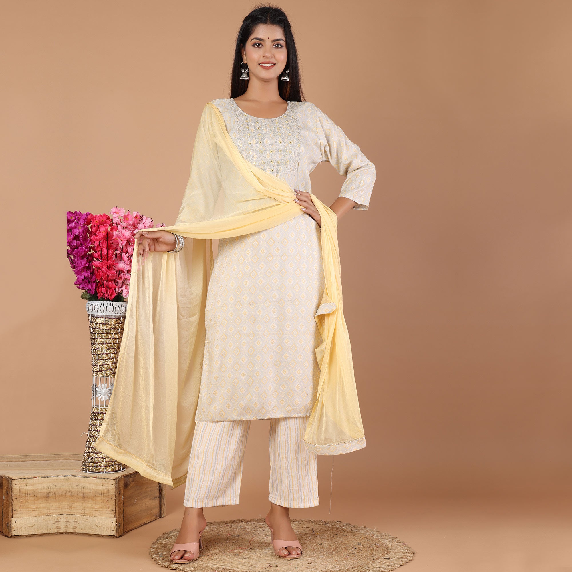 Yellow Printed With Embroidered Rayon Salwar Suit