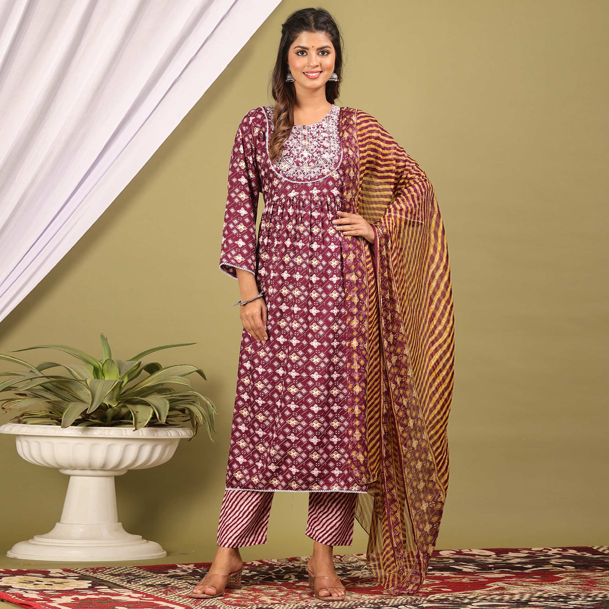 Wine Printed With Embroidered Rayon Naira Cut Suit