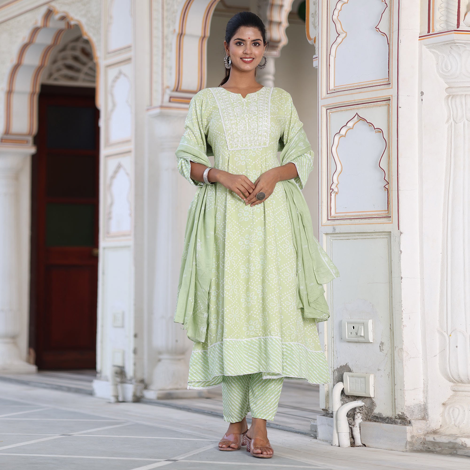 Green Printed With Embroidered Rayon Anarkali Suit