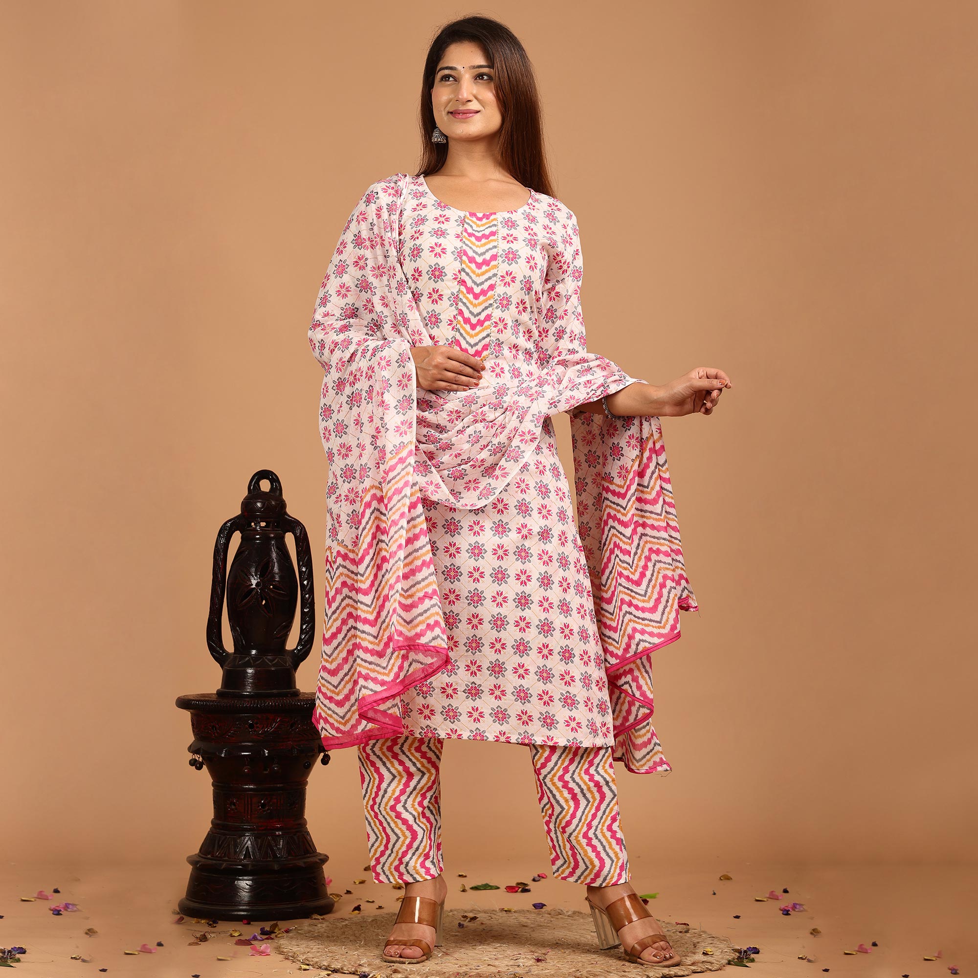 White & Pink Printed Pure Cotton Salwar Suit