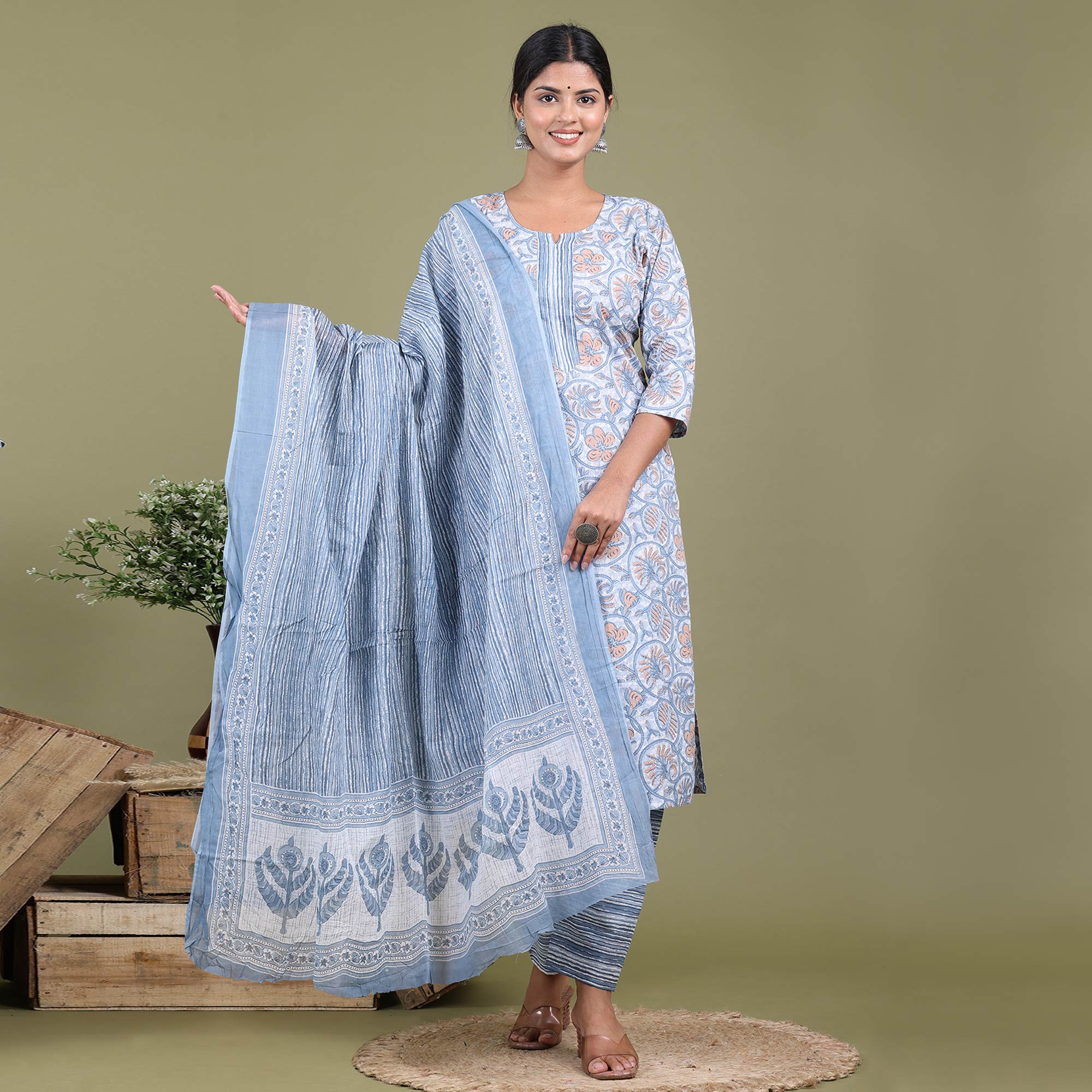 Light Blue Floral Printed Pure Cotton Suit