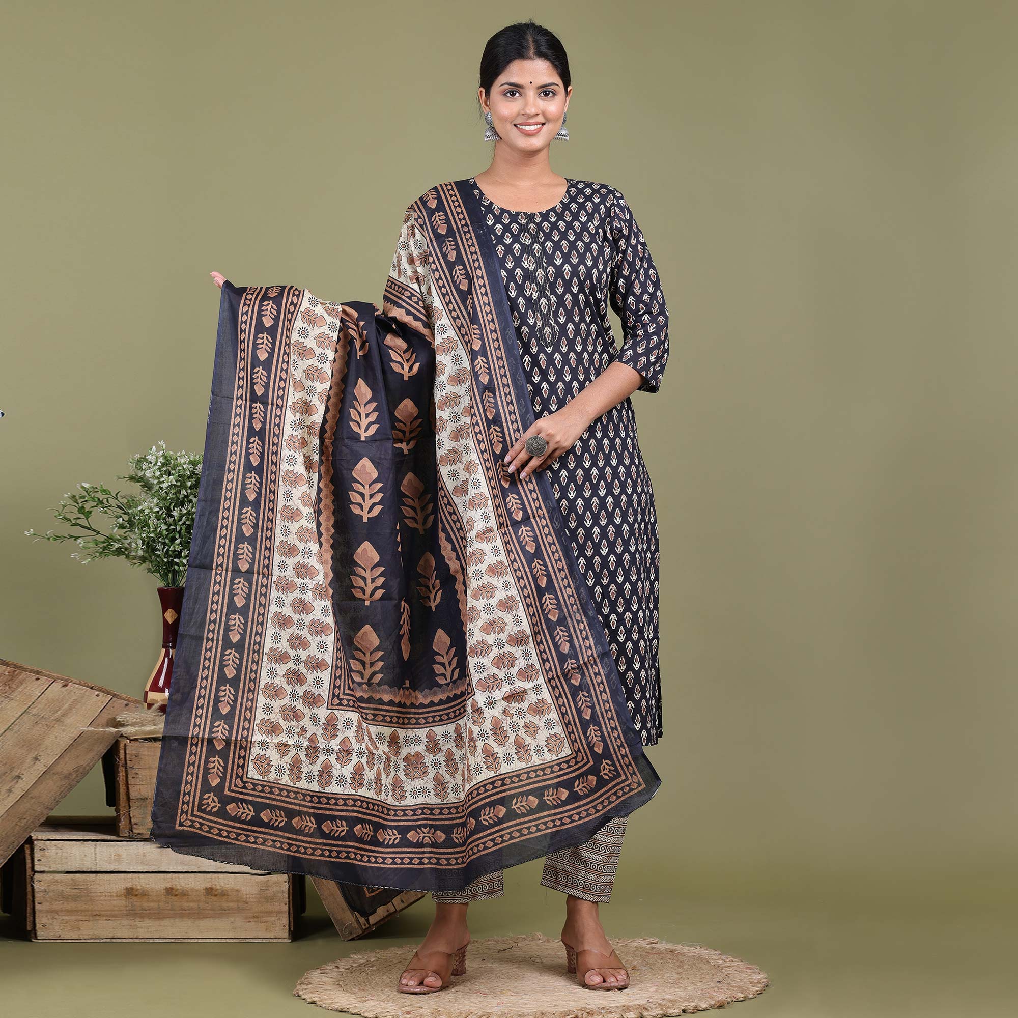 Navy Blue Floral Printed Pure Cotton Suit