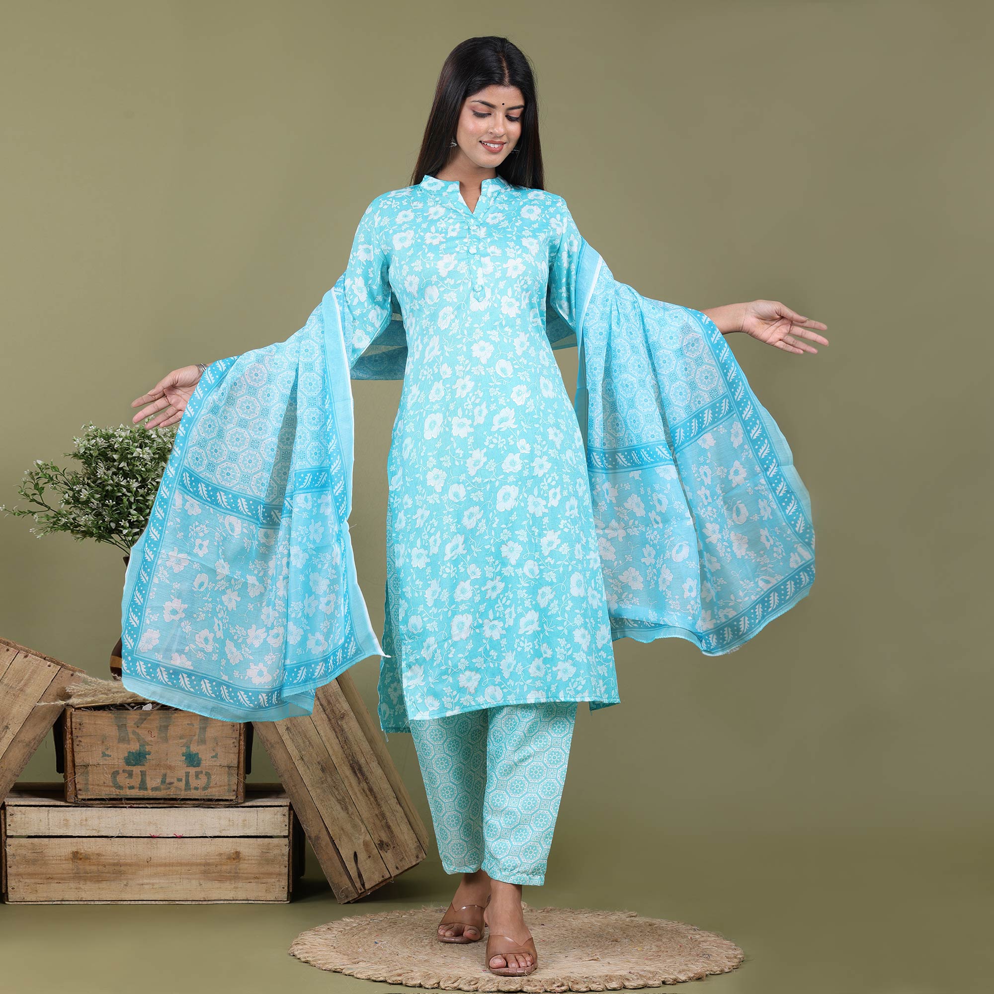 Aqua Blue Floral Foil Printed Rayon Suit