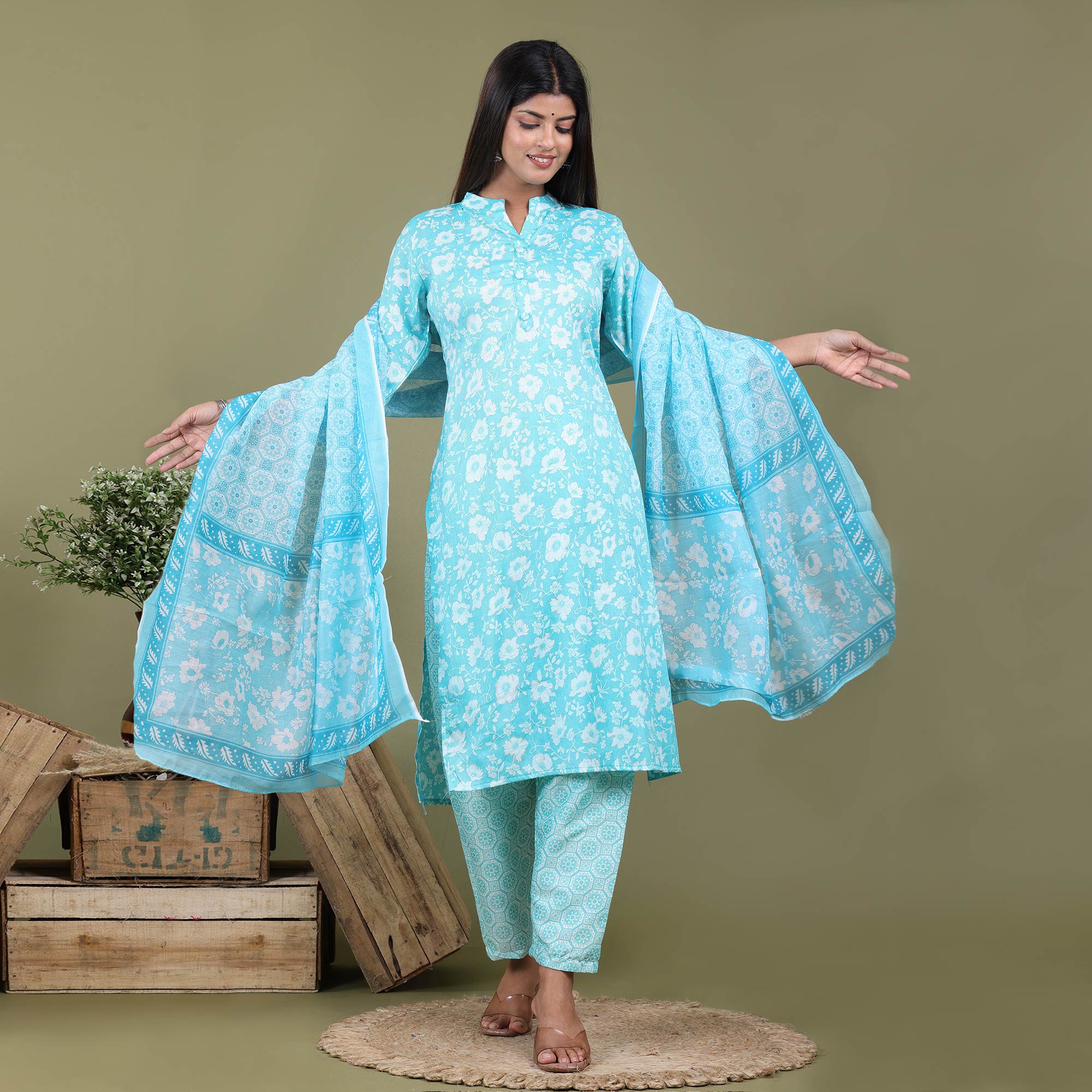 Aqua Blue Floral Foil Printed Rayon Suit