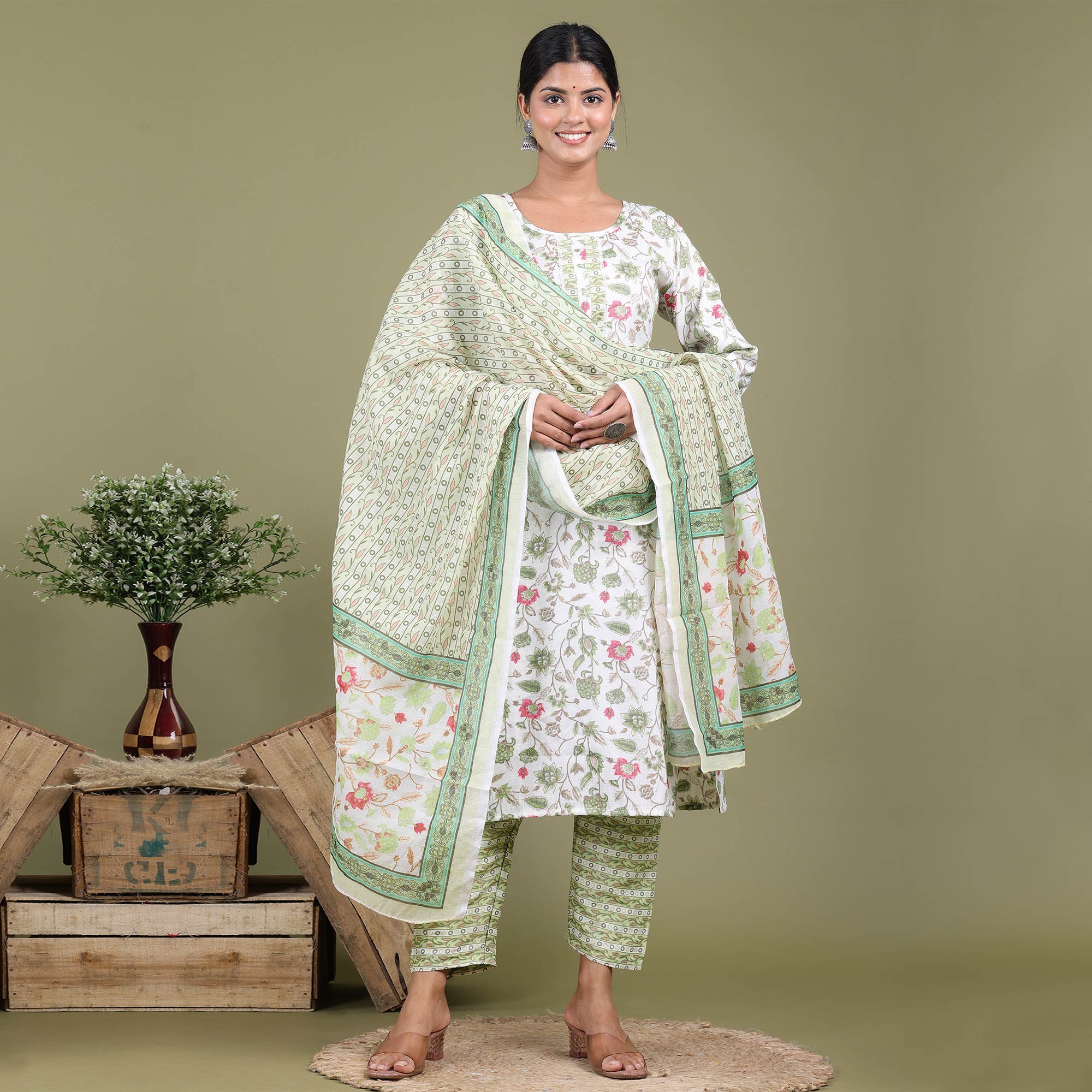 White Floral Foil Printed Rayon Suit