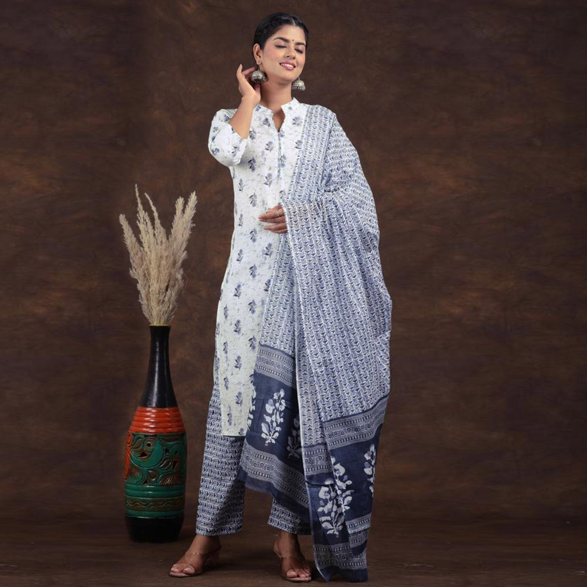 White-Grey Jaipuri Printed Pure Cotton Suit