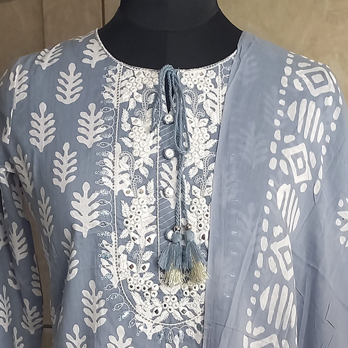Grey Printed Pure Cotton Kurti Pant Set With Dupatta
