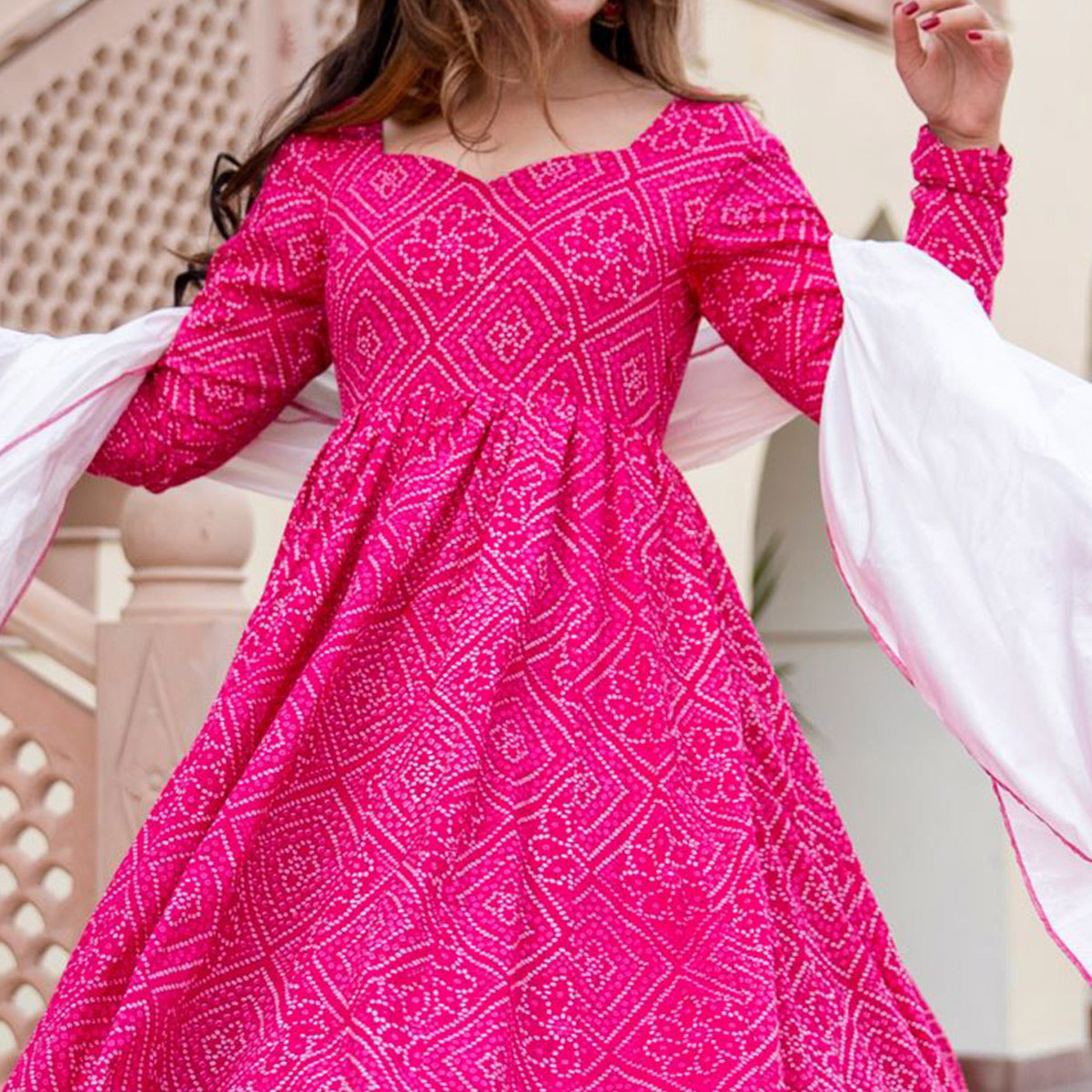 Pink Bandhani Printed Rayon Gown With Dupatta