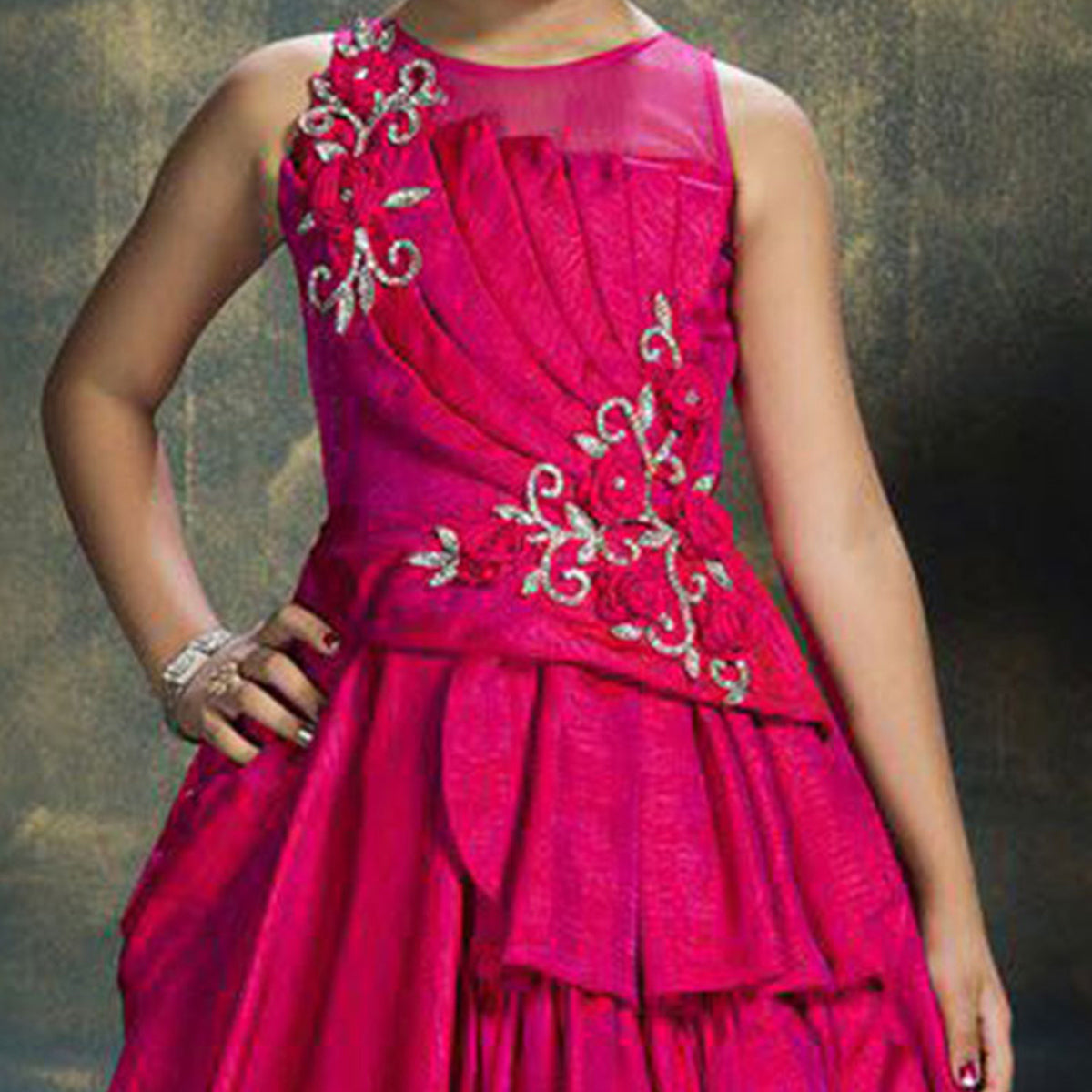 Rose Pink Embroidered Art Silk Gown For Kids