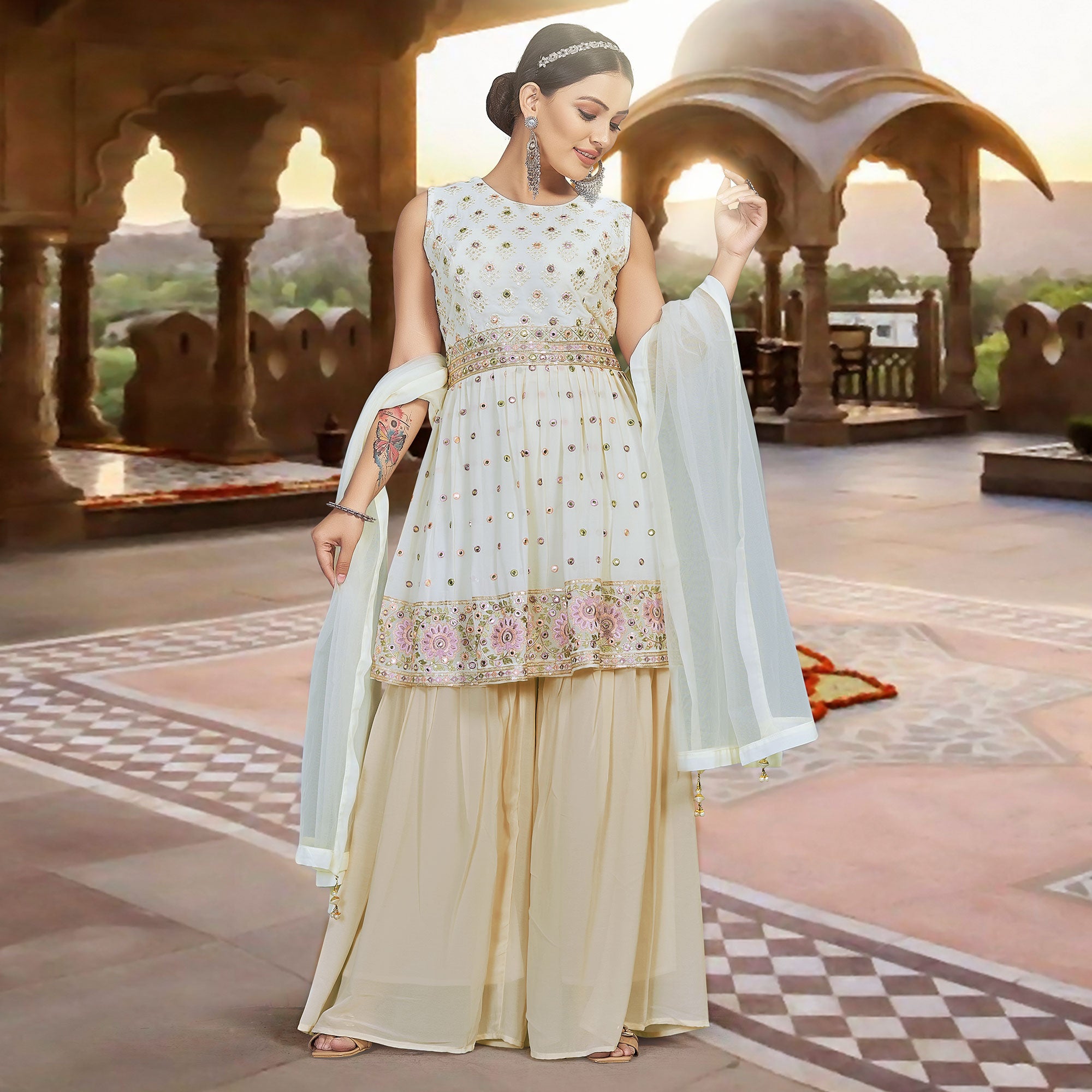 Cream Floral Embroidered Georgette Sharara Suit
