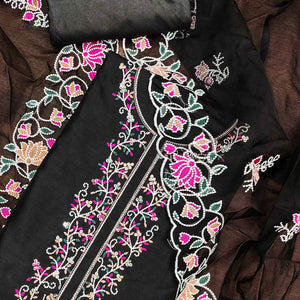 Black Floral Embroidered Chanderi Dress Material