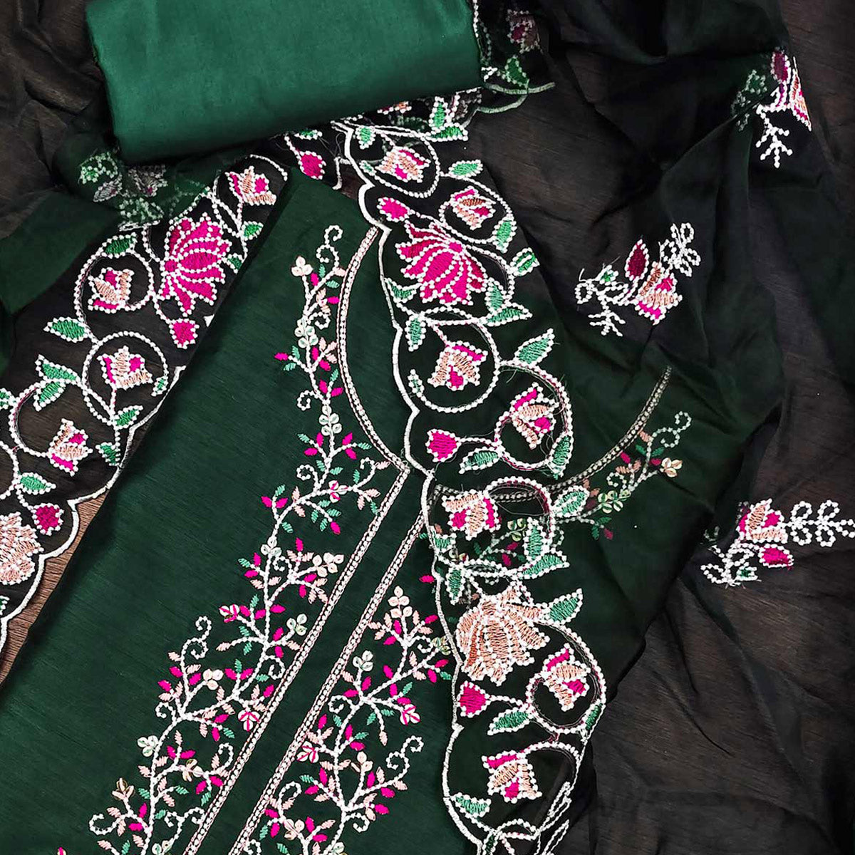 Green Floral Embroidered Chanderi Dress Material