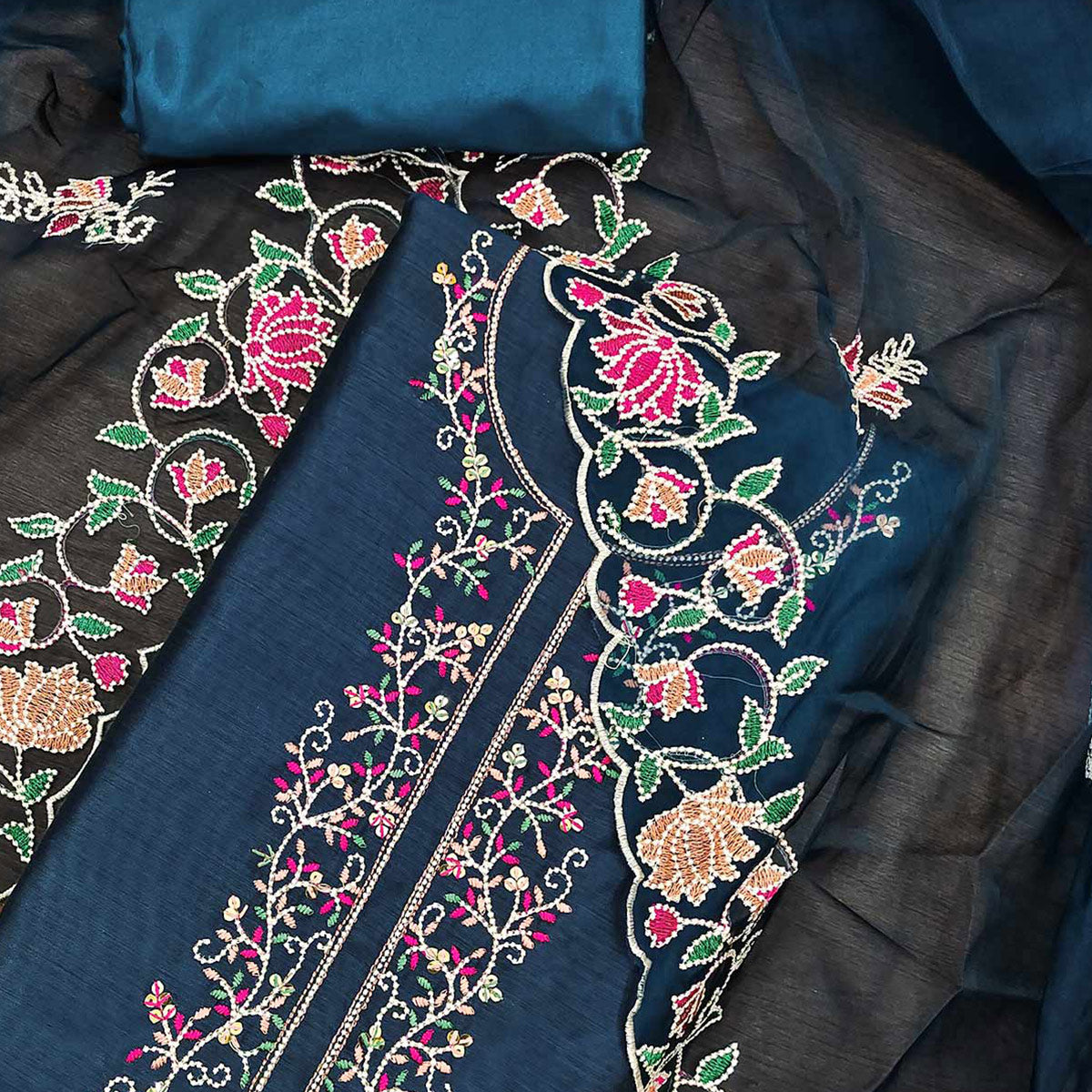 Morpich Blue Floral Embroidered Chanderi Dress Material