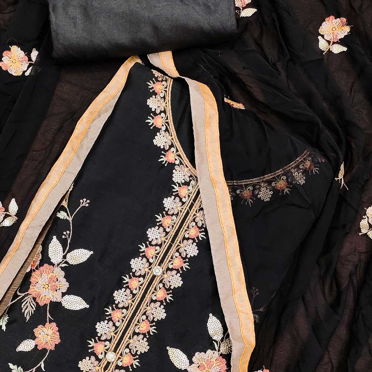 Black Floral Embroidered Chanderi Dress Material