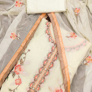 Cream Floral Embroidered Chanderi Dress Material