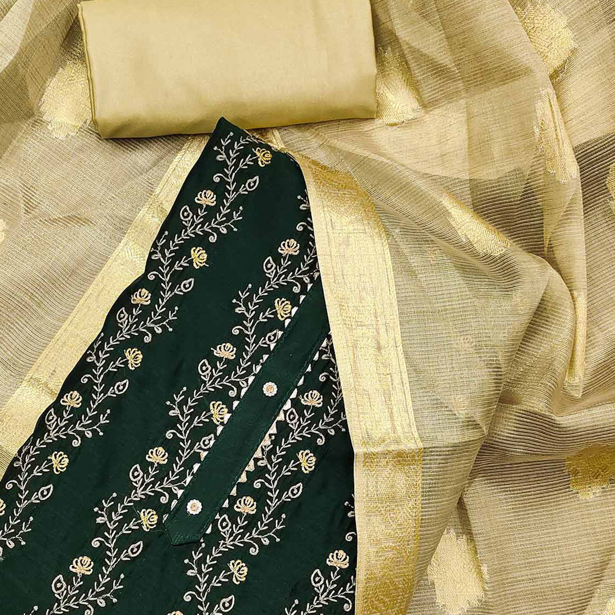 Green Floral Embroidered Chanderi Dress Material