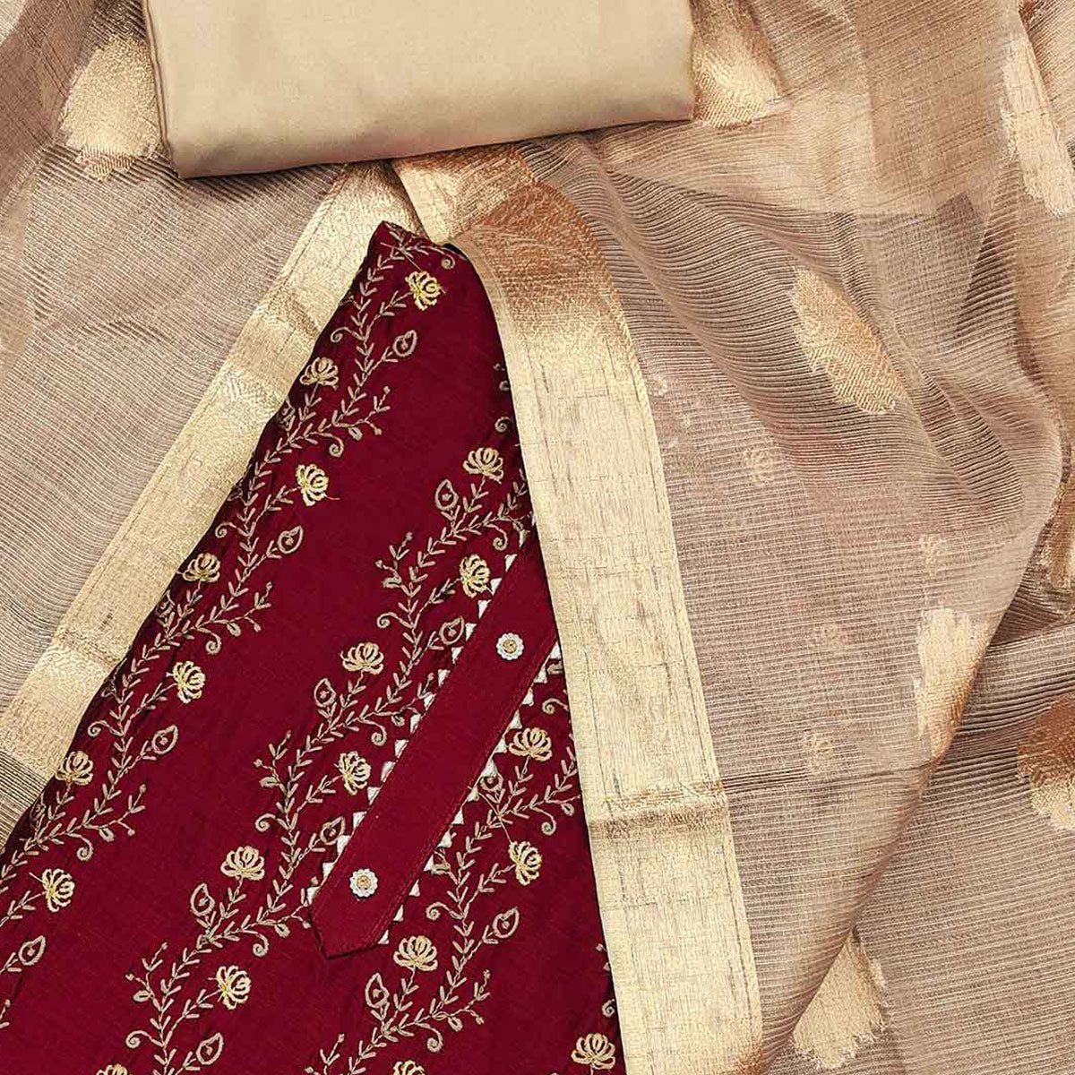 Red Floral Embroidered Chanderi Dress Material