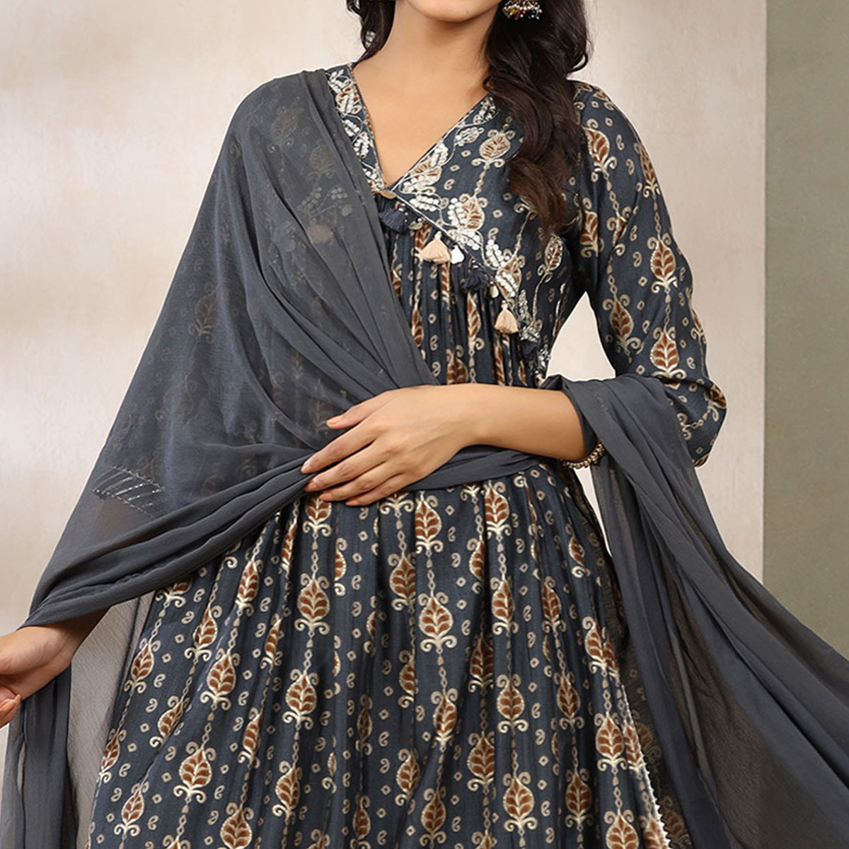Grey Jaipuri Printed Muslin Naira Cut Suit