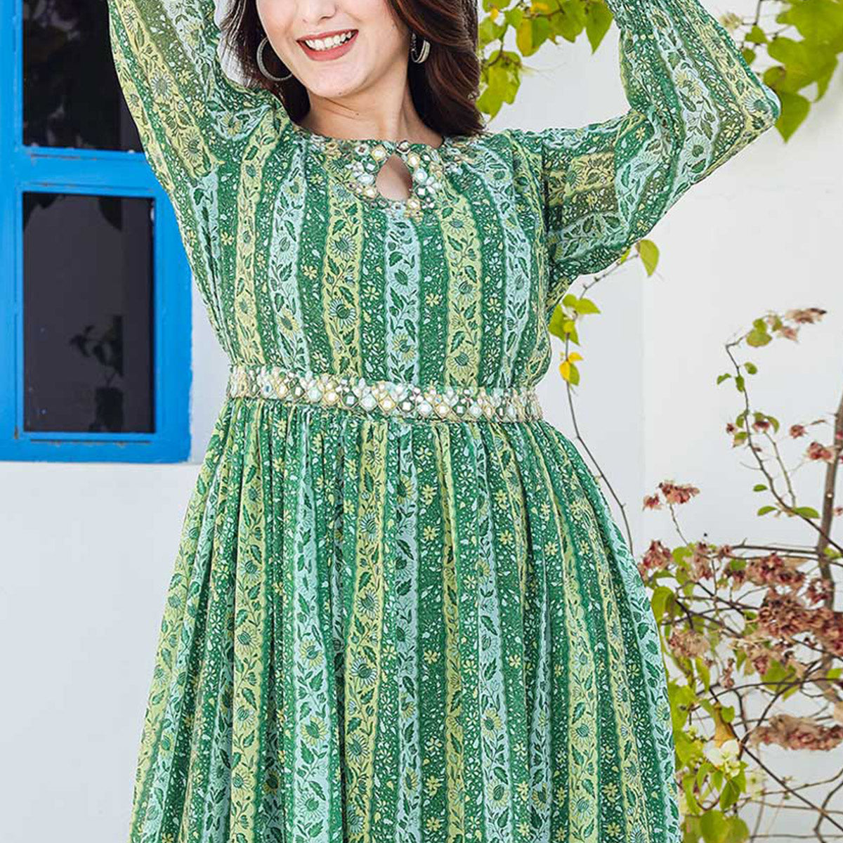 Green Floral Printed Georgette Gown