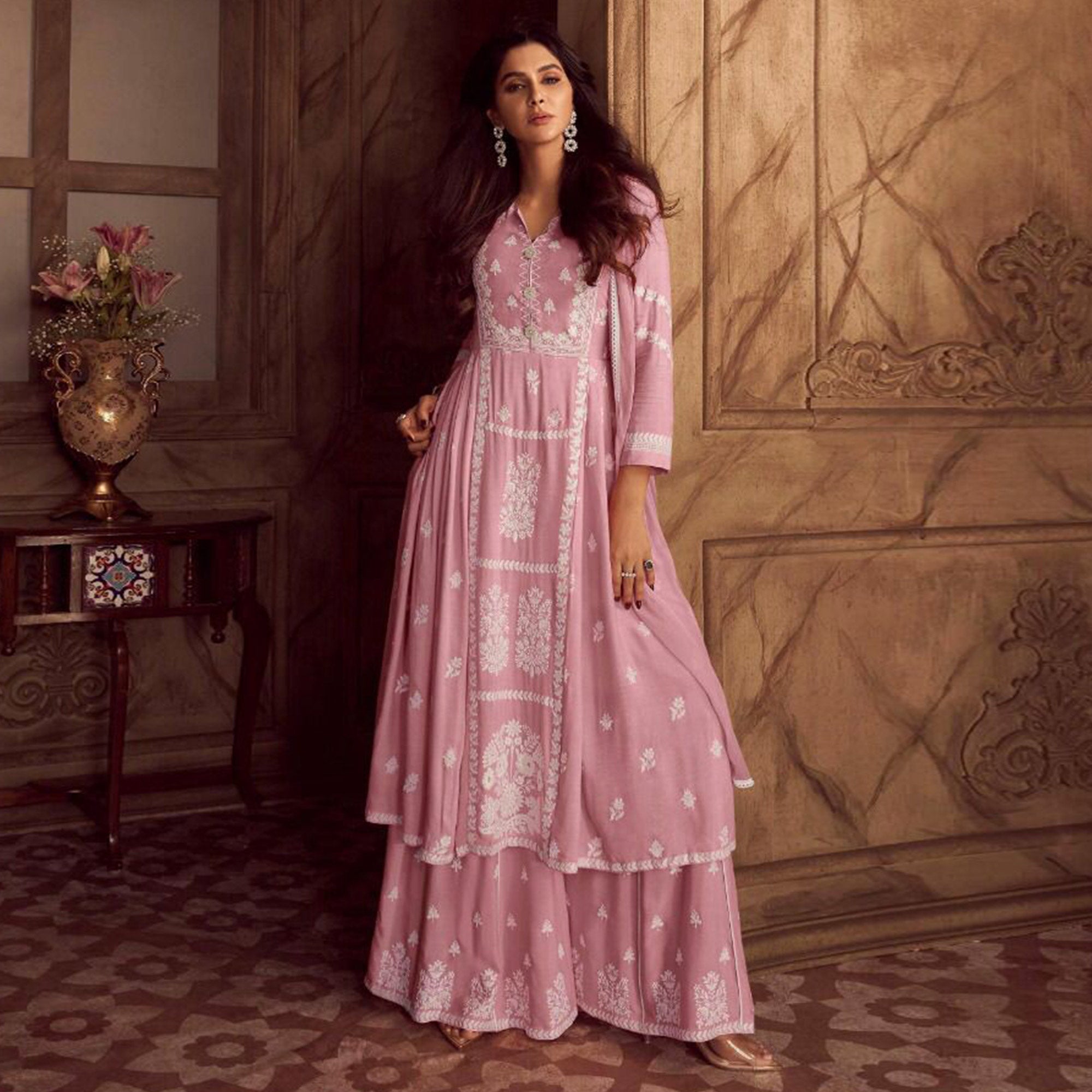 Pink Lucknowi Embroidered Rayon Palazzo Suit