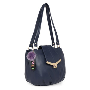 Navy Blue Women Vegan Leather Handbag With Belt