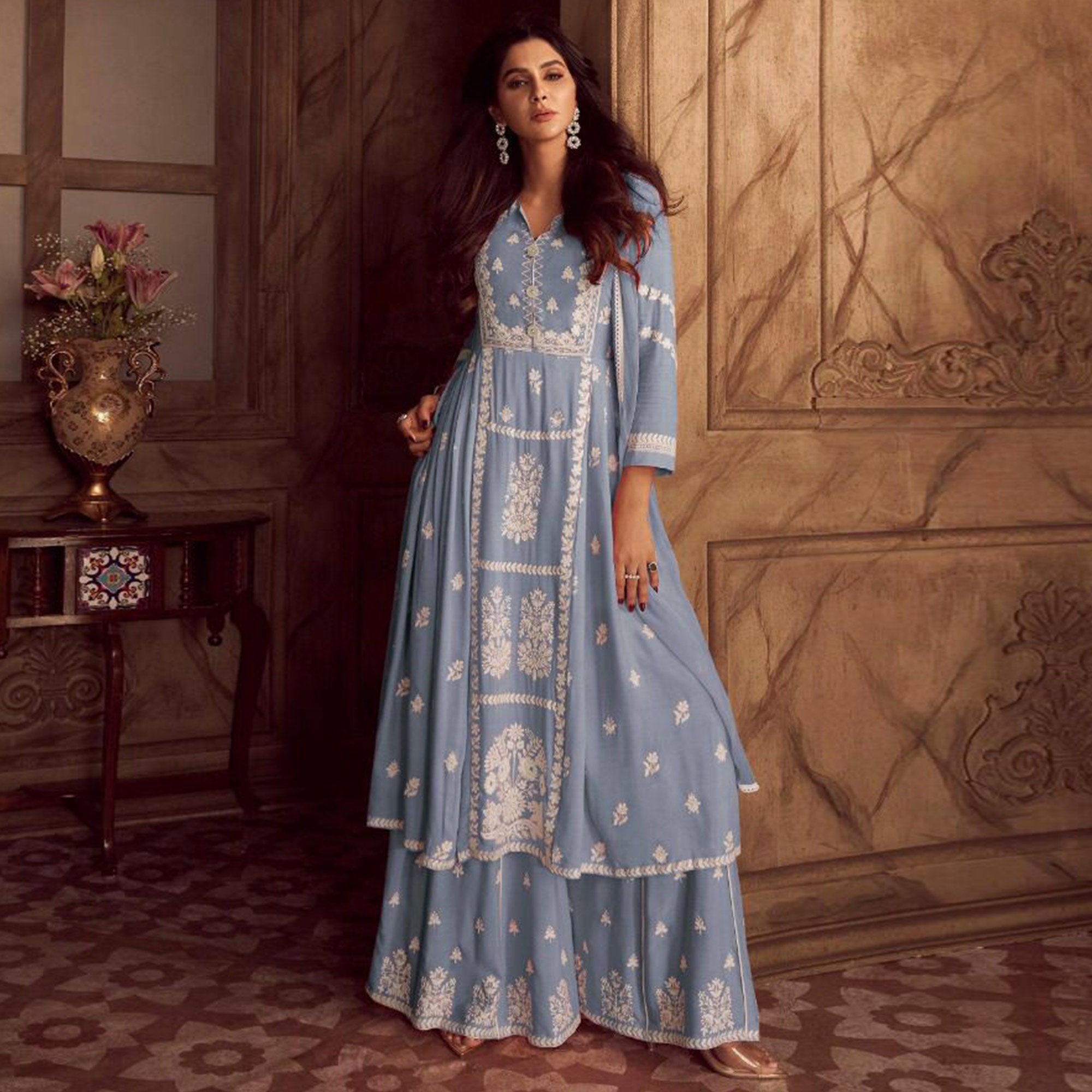 Blue Lucknowi Embroidered Rayon Palazzo Suit
