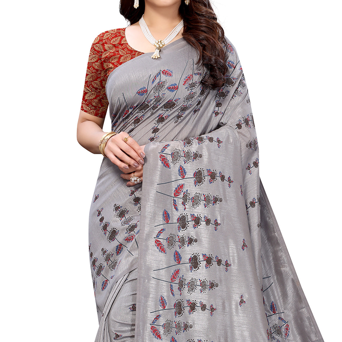 Grey Casual Wear Printed Silk Saree