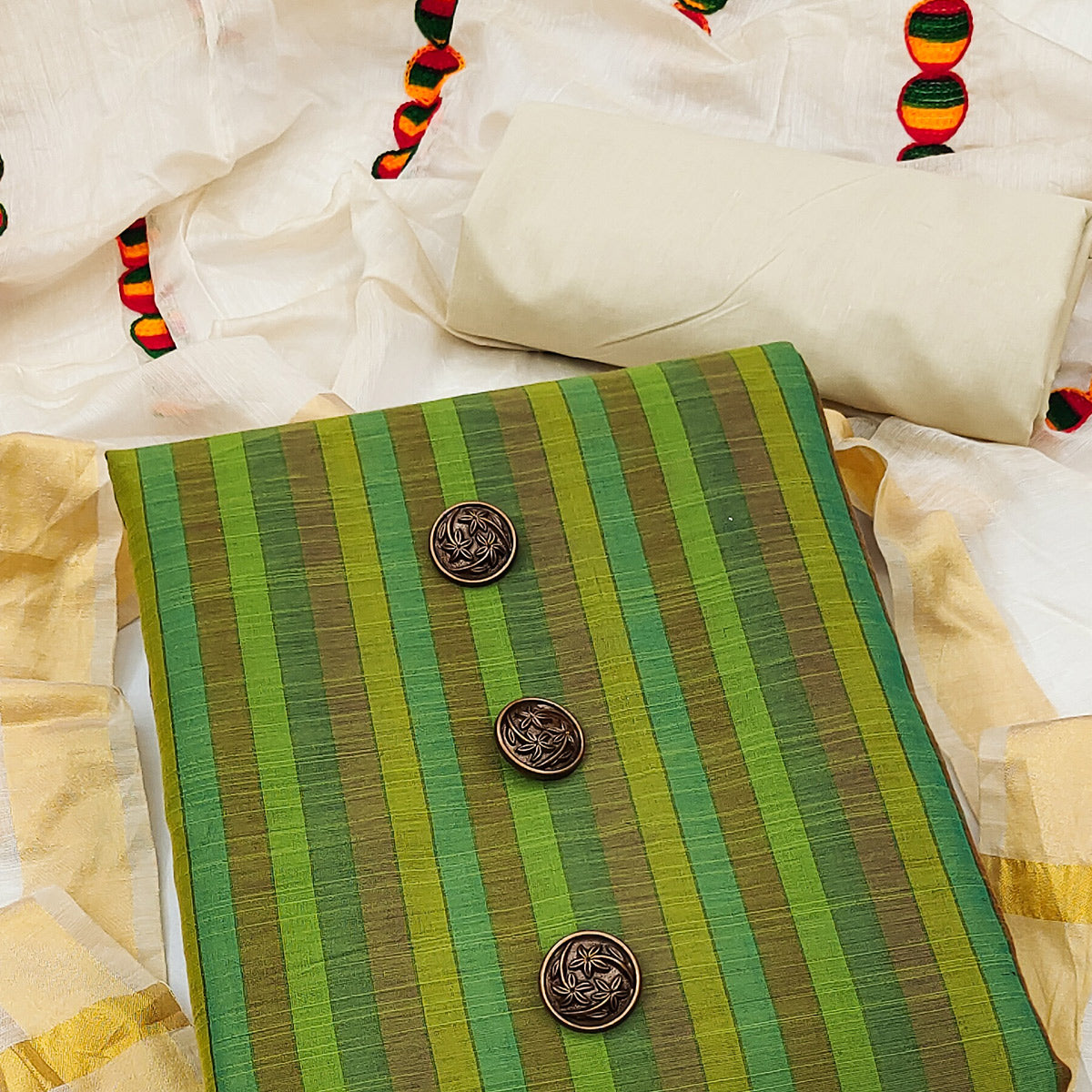 Green Stripes Pure Cotton Dress Material