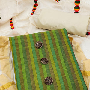 Green Stripes Pure Cotton Dress Material
