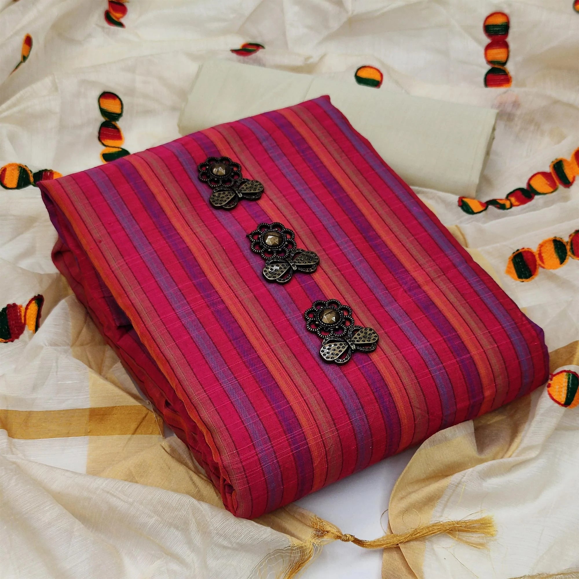 Dark Pink And Chikoo Dress Material Pack Of 2 - Peachmode