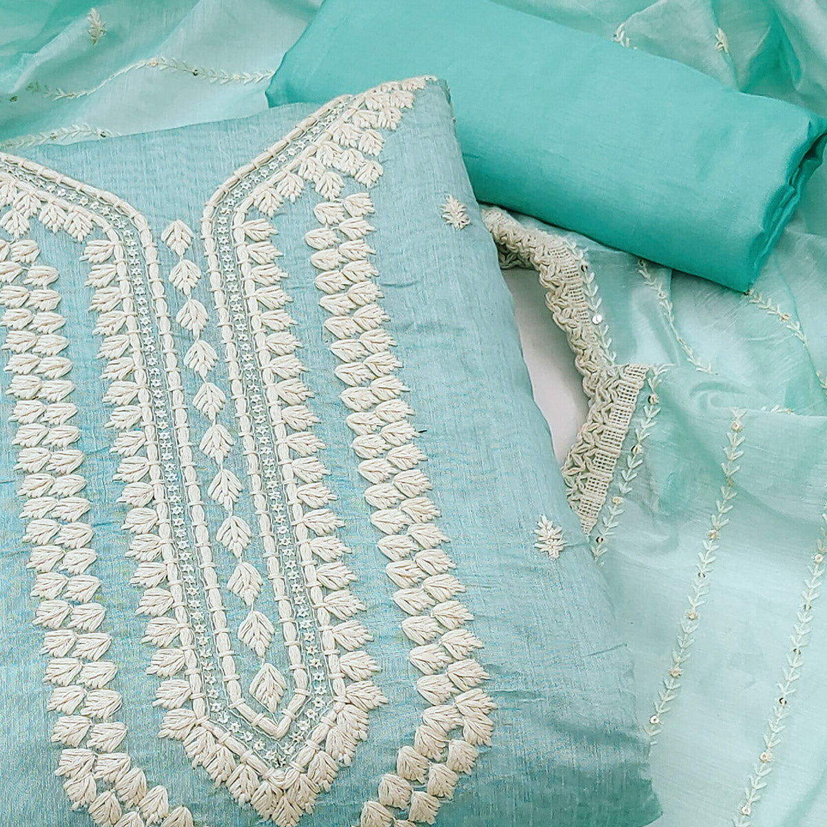 Light Blue Embroidered Chanderi Dress Material