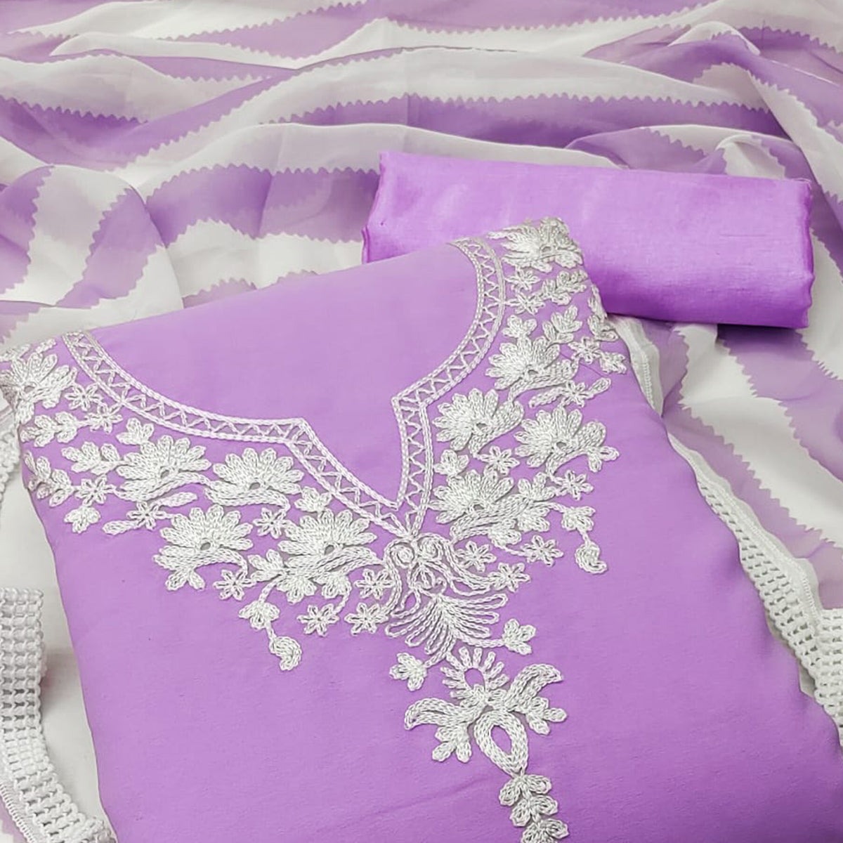 Lavender Lucknowi Embroidered Georgette Dress Material