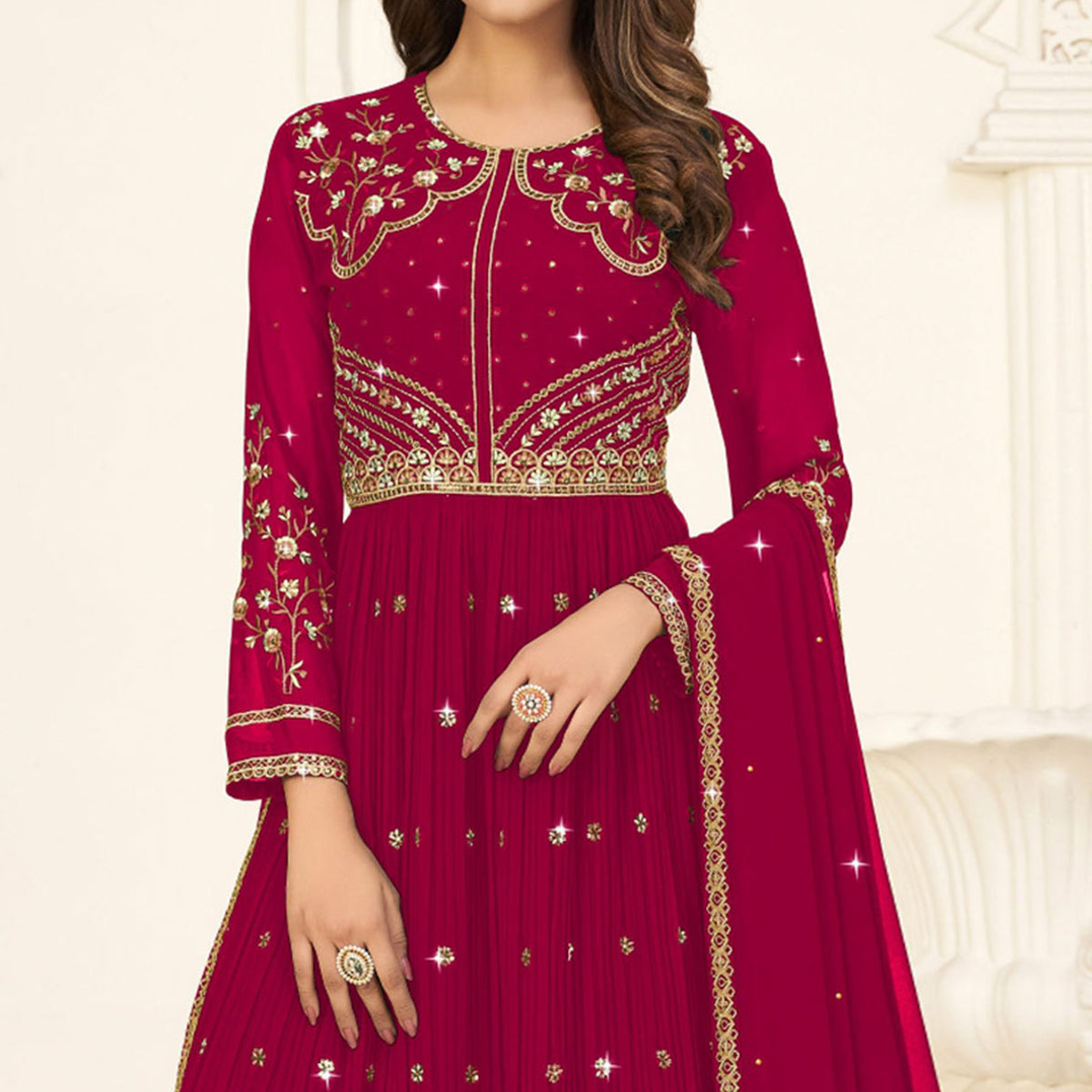 Pink Embroidered Georgette Naira Cut Suit