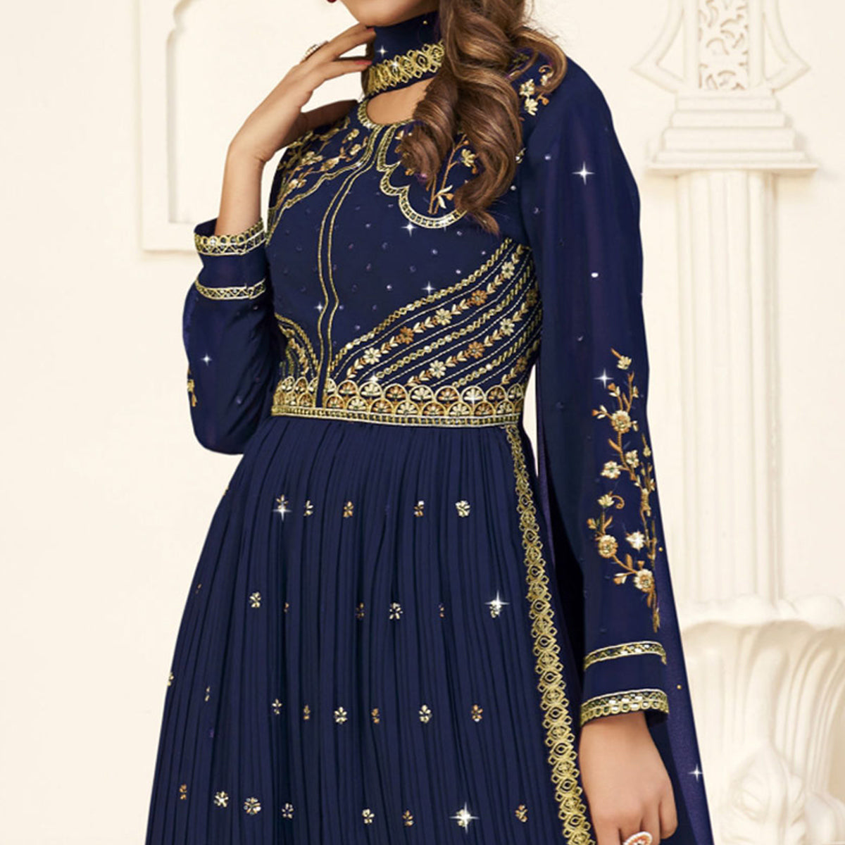Navy Blue Embroidered Georgette Naira Cut Suit