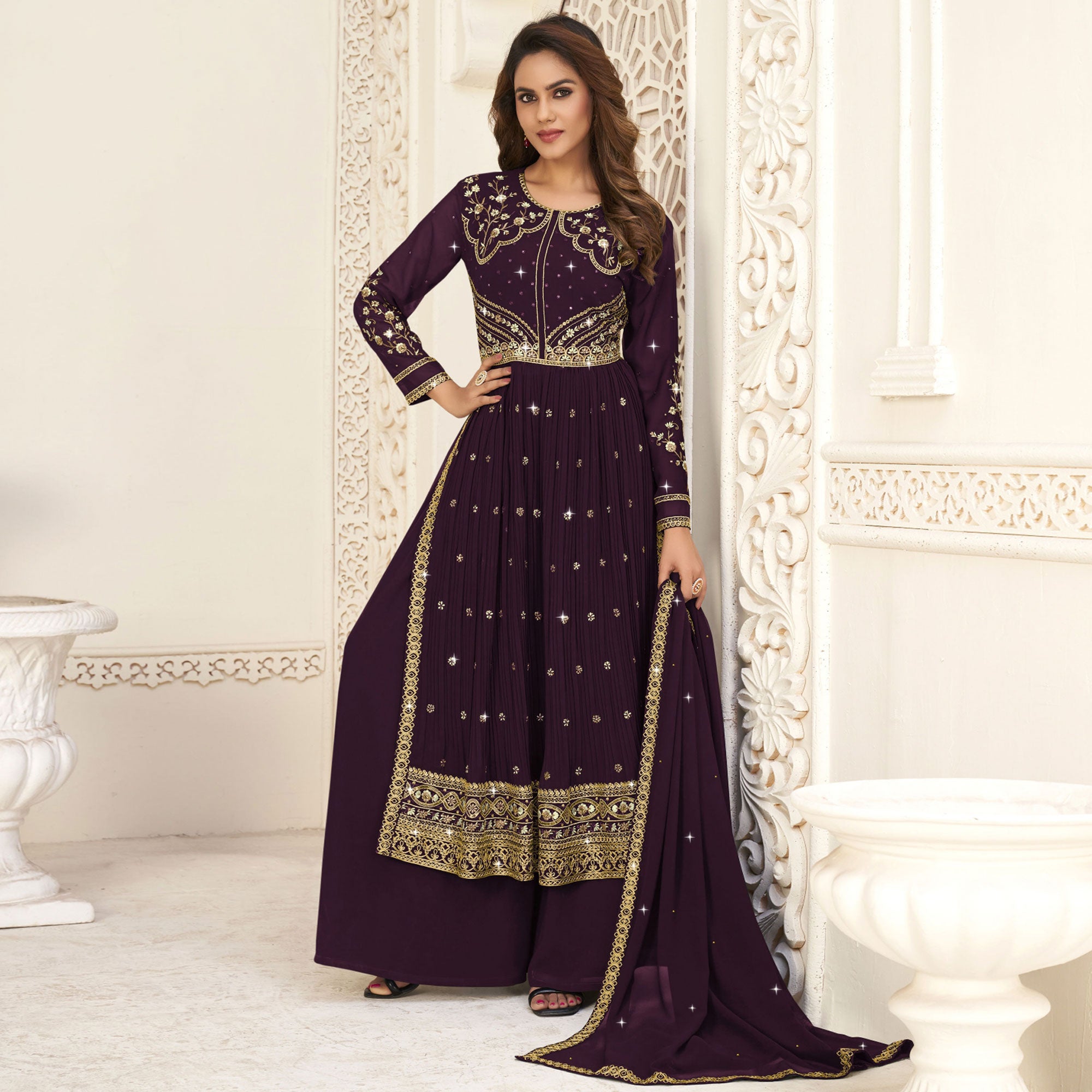 Purple Embroidered Georgette Naira Cut Suit