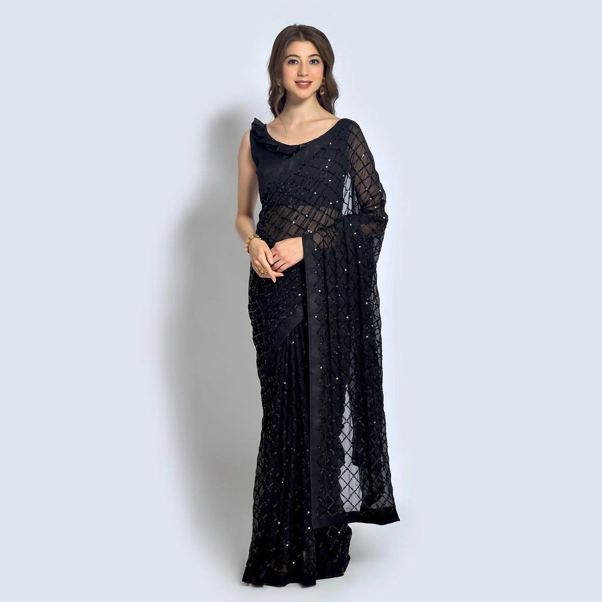 Black Sequins Work Georgette Saree