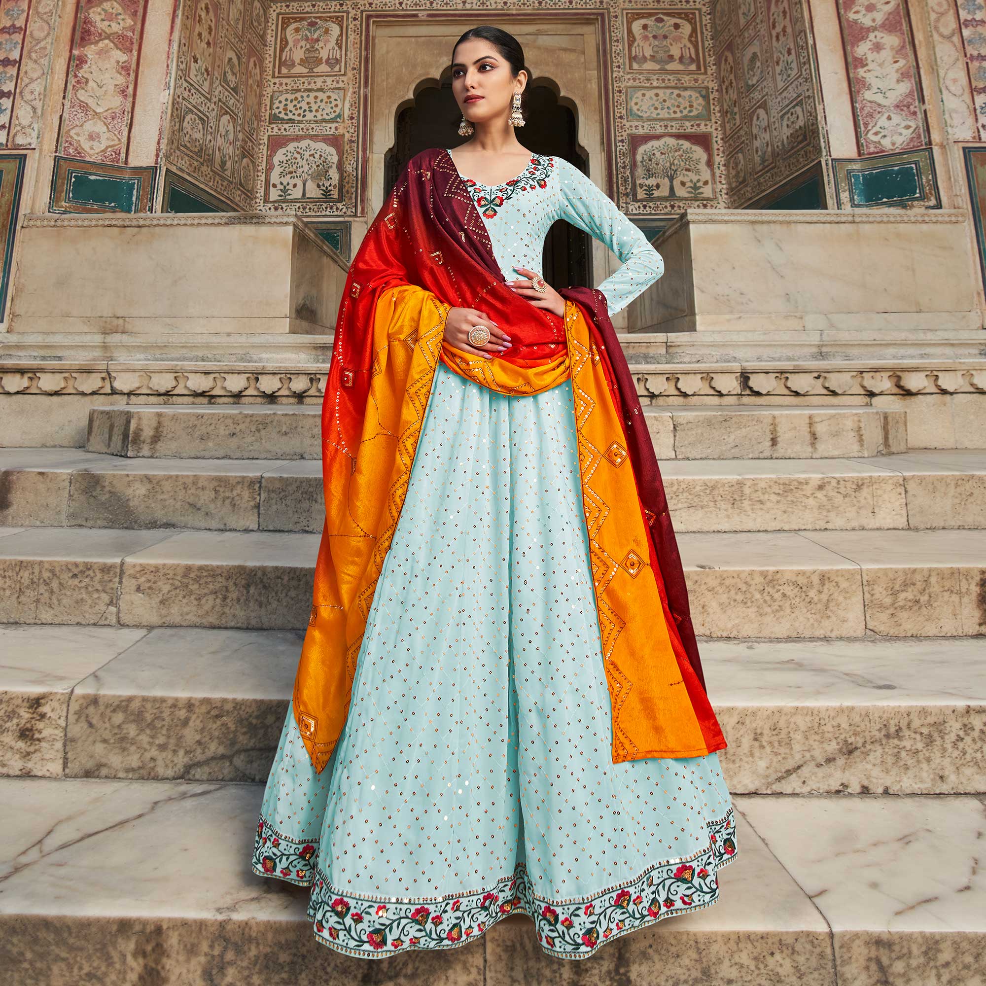 Sky Blue Sequins Embroidered Georgette Gown With Dupatta