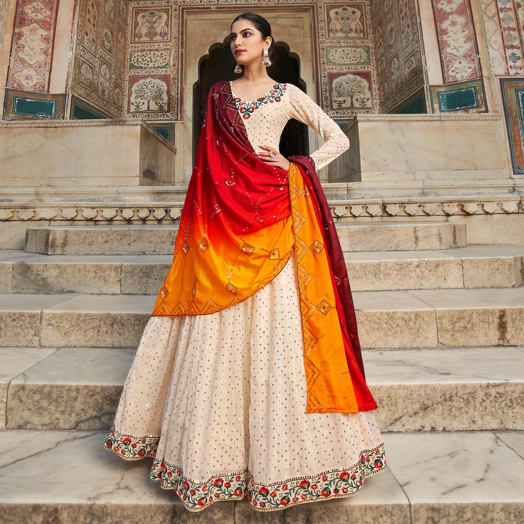 Cream Sequins Embroidered Georgette Gown With Dupatta