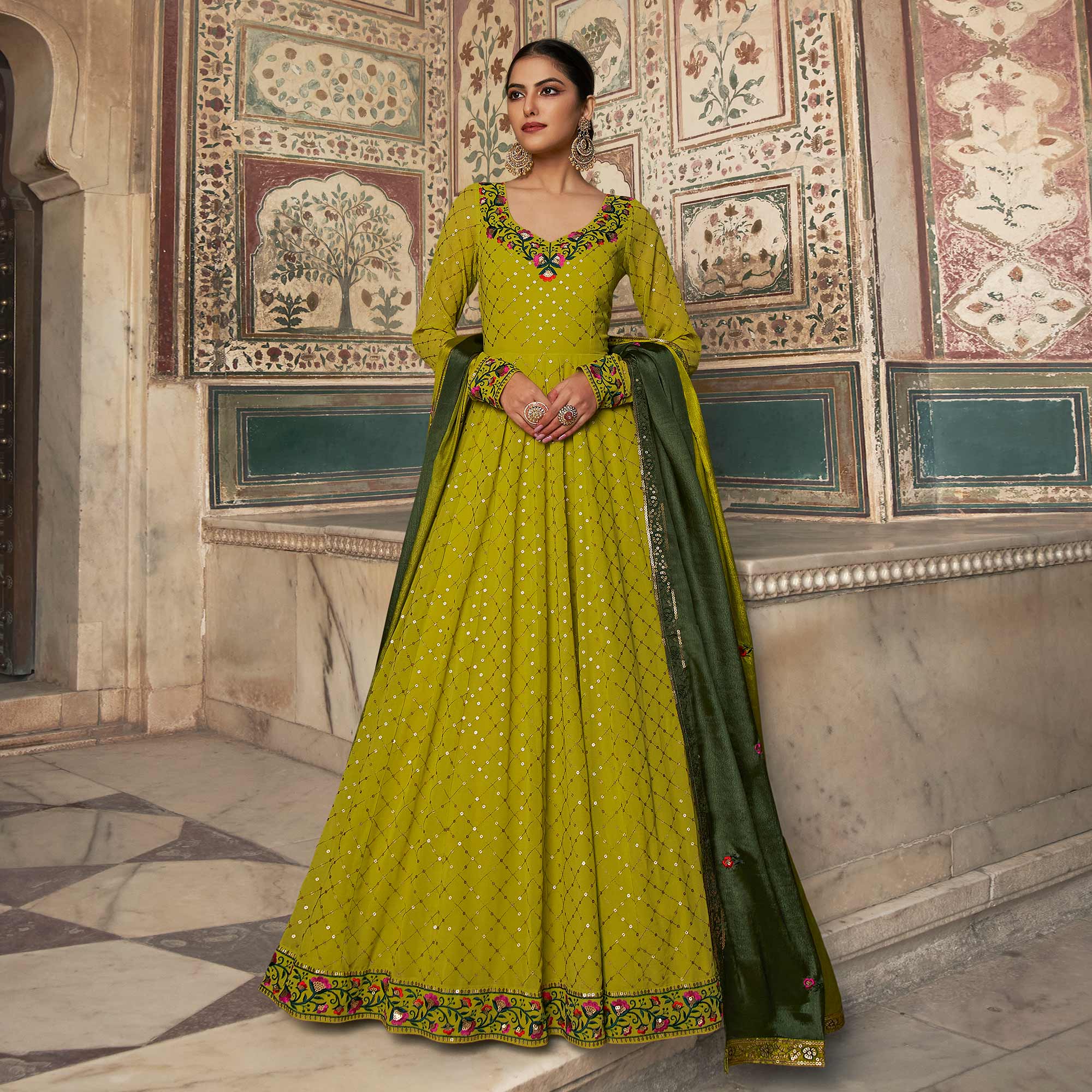 Lime Green Sequins Embroidered Georgette Gown With Dupatta